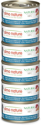 Almo Nature HFC Natural - Nourriture humide pour chat adulte - Thon, Poulet et Fromage - Qualité humaine, Sans gluten - 6 x 70g