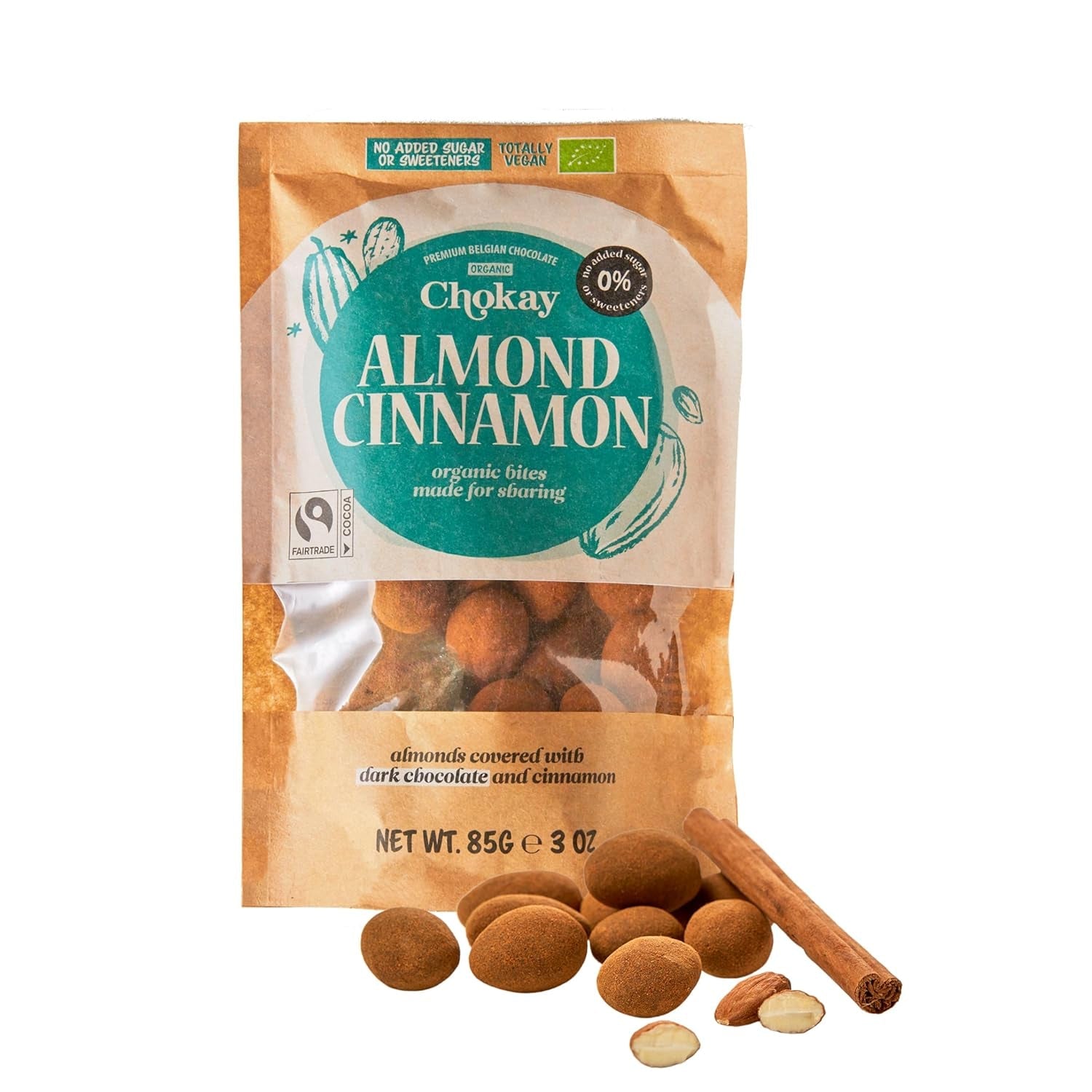 Ensemble de 4 bouchées biologiques - Amandes à la cannelle/Amandes à la cannelle dans du chocolat noir belge/Sans sucre ajouté, sans édulcorants/VEGAN & FAIR COMMERCE / 4 x 85g