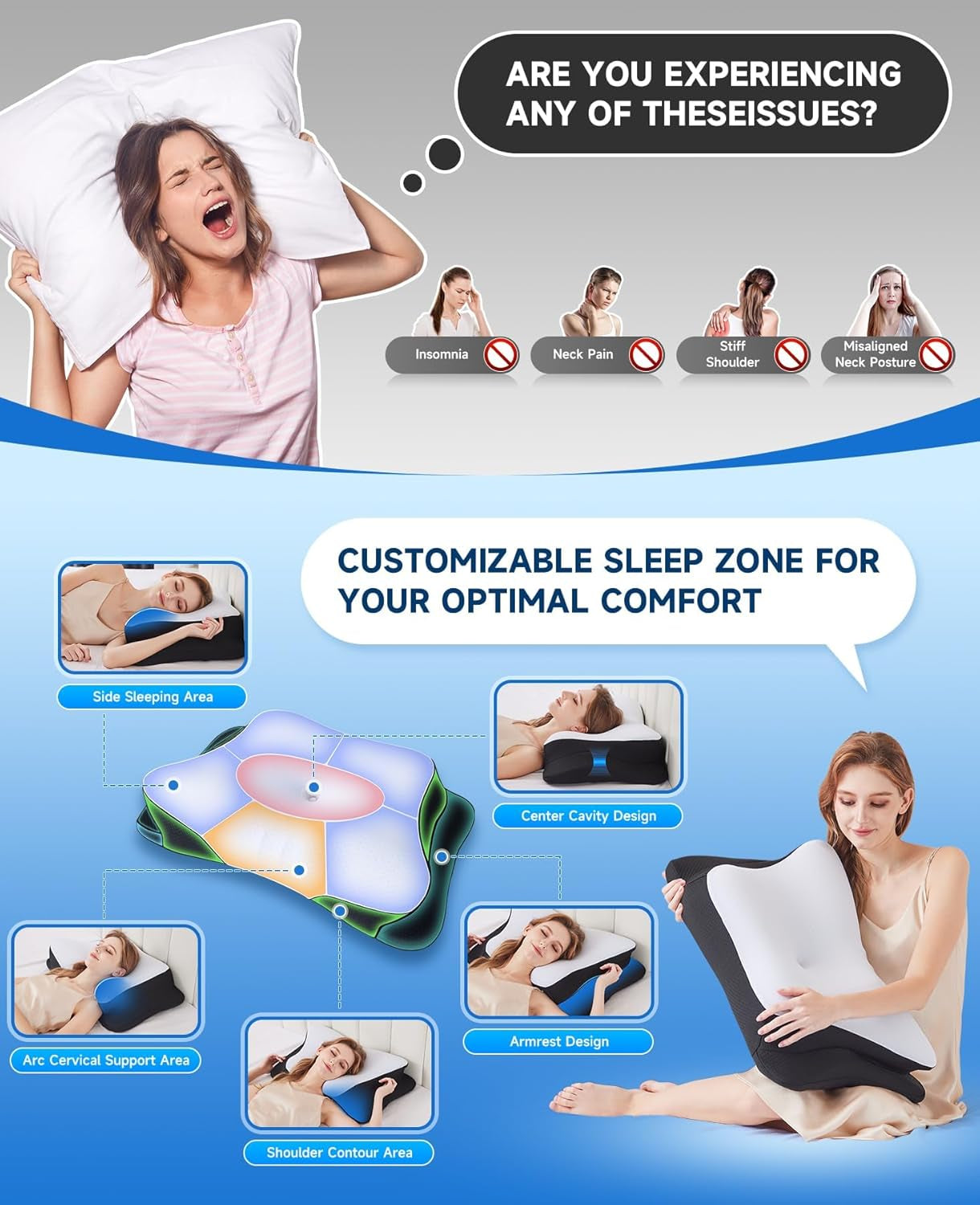 SUPA MODERNE Oreiller en Mousse à Mémoire Oreiller Rafraîchissant pour Dormeur Latéral 60X40 Orthopédique Côté Dos Ventre Cou Soulagement des Douleurs Cervicales Oreillers Cervicaux Orthopédiques Naty Shop