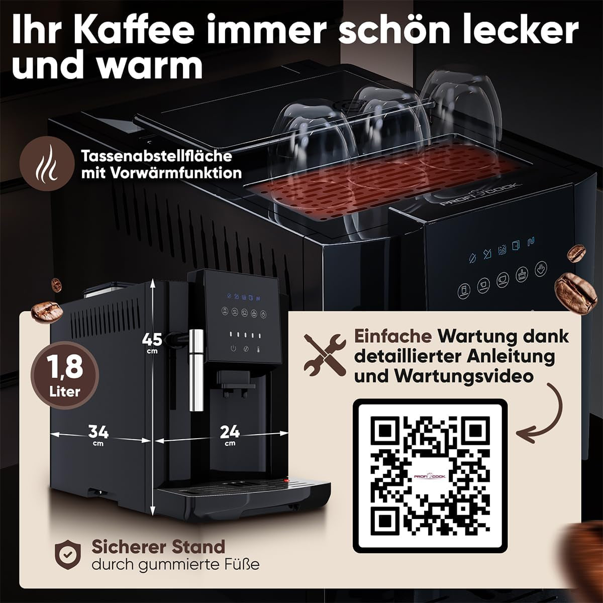 Machine à expresso ProfiCook® entièrement automatique avec mousseur à lait pour cappuccino | Broyeur conique | avec fonction chauffe-tasses | Pompe professionnelle italienne | Écran tactile | Expresso | PC KAV1281