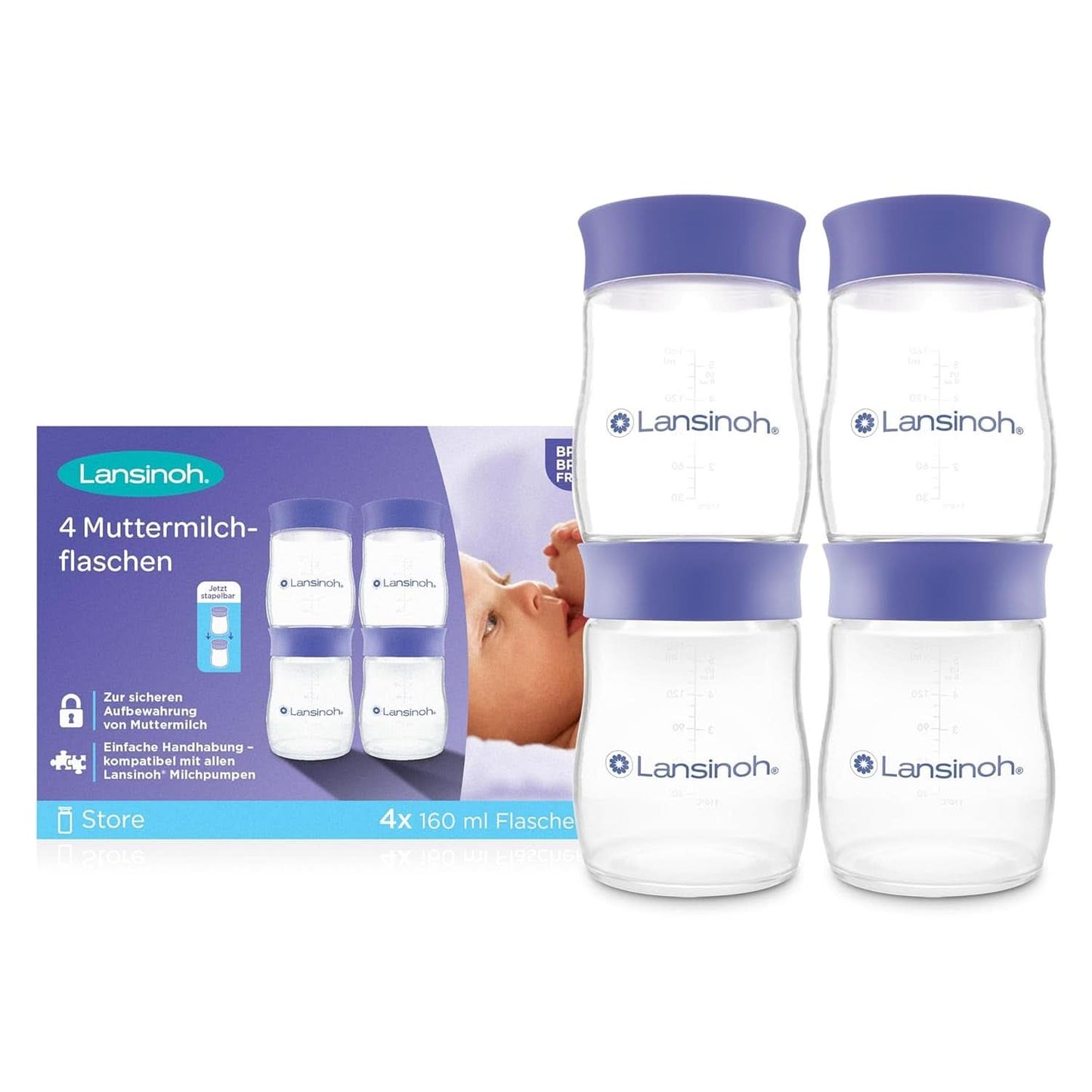 Lansinoh Muttermilchflaschen, 4 X 160 Ml - Zur Sicheren Muttermilch Austellungen - Neues Kompaktes Design Für Verbesserte Stabilität - Mit Stapelbarem Deckel Accessoires Alimentation et Allaitement Bebe Naty Shop