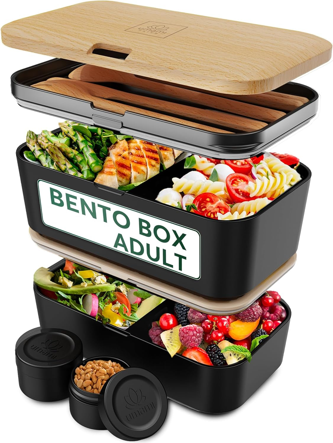 Umami Boîte à lunch pour adultes, 4 couverts et compartiments Boîte à bento empilable étanche, Boîte à lunch pour adultes, Récipient à salade à emporter, Boîte à lunch pique-nique/bureau, Gris anthracite, 1500 ml Naty Shop Boîtes de conservation des aliments en hêtre noir - 1500 ml L - 1500 ml empilables les unes dans les autres