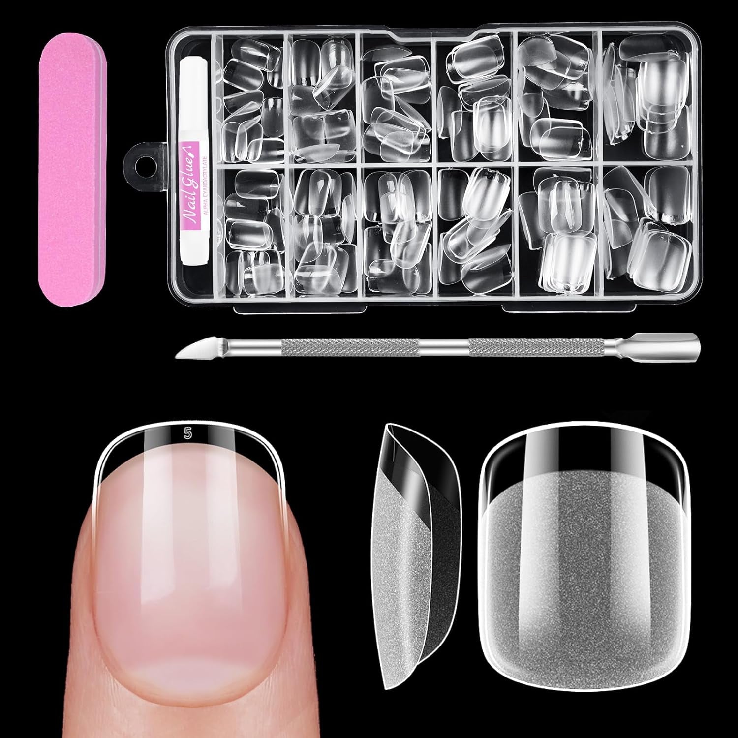 Full Cover Short Nails 120 pièces 12 tailles pointes d'ongles courtes pour ongles en gel colle sur ongles artificiels colle sur ensemble de lime à ongles polisseuse à ongles repousse-cuticules