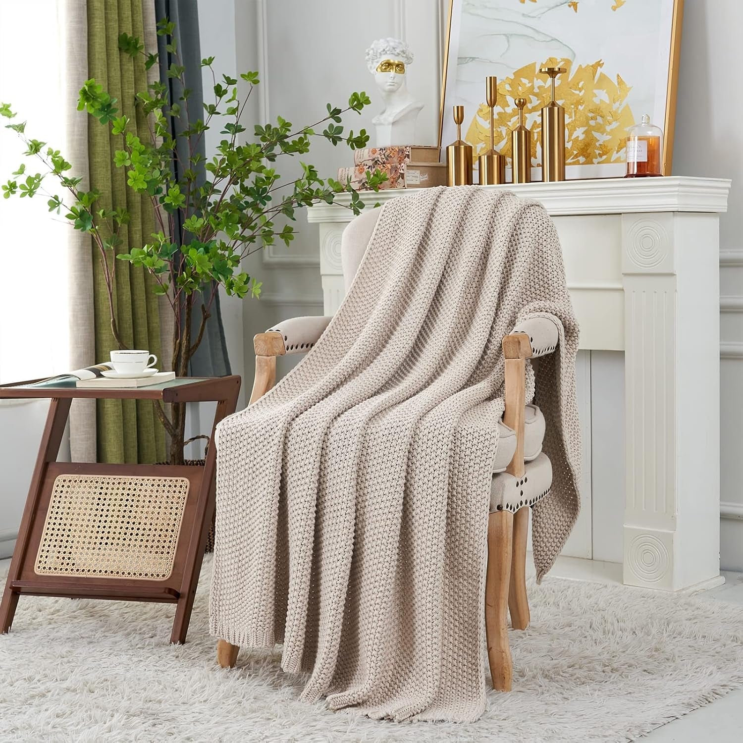 Couverture en tricot épais, Légère, Beige, 100% coton biologique, Couverture pour canapé, canapé, lit, enfant, chambre d'enfant, Rustique, Shabby chic, Ferme moderne, 152,4 X 203,2 cm, Sac à linge inclus Lits et couvertures Literie Longhui