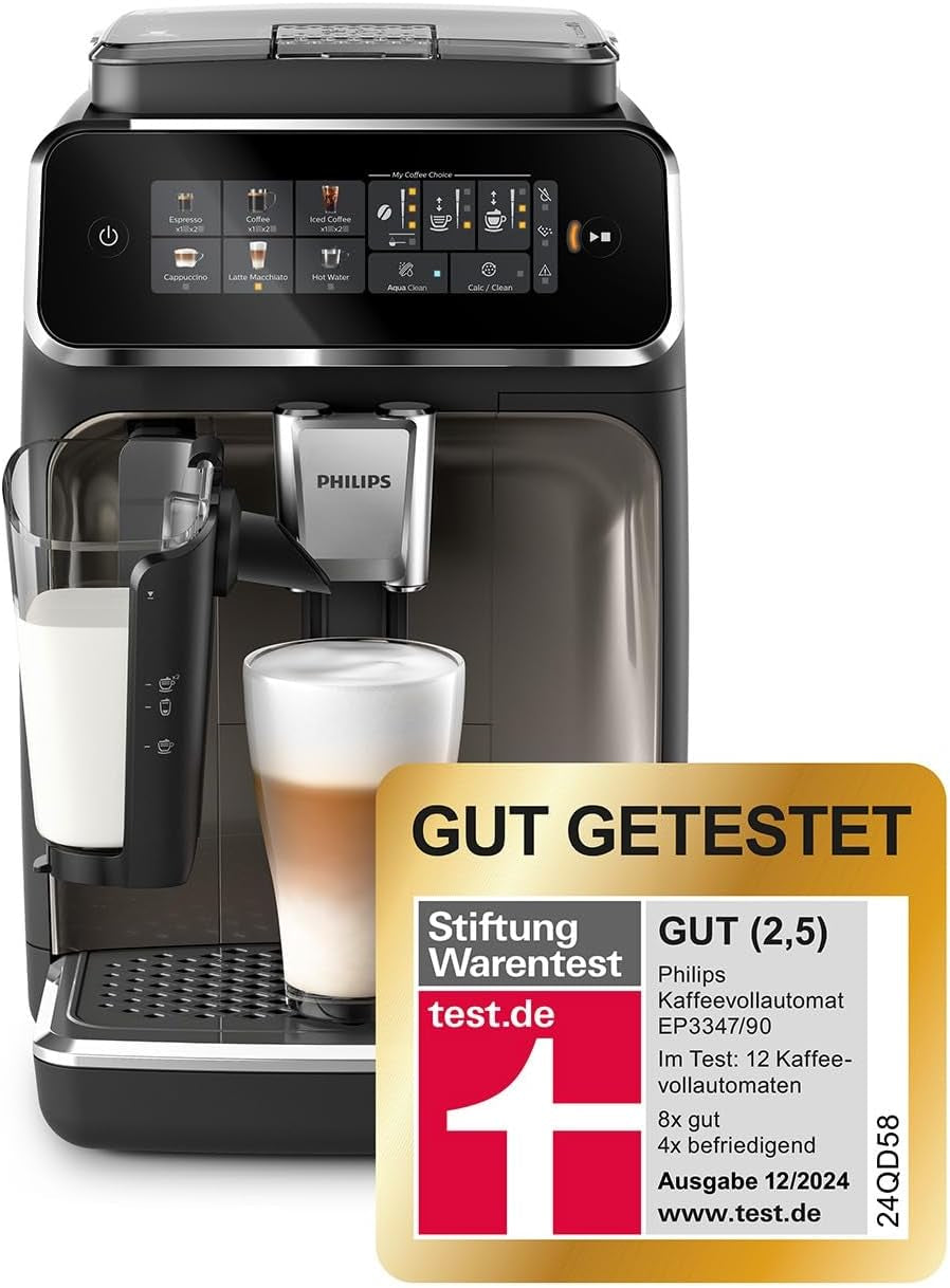Machine à expresso automatique PHILIPS série 3300 - 6 boissons, écran tactile couleur moderne, système de préparation de lait LatteGo, SilentBrew, moulin 100% céramique, filtre AquaClean. Chromé noir (EP3347/90)