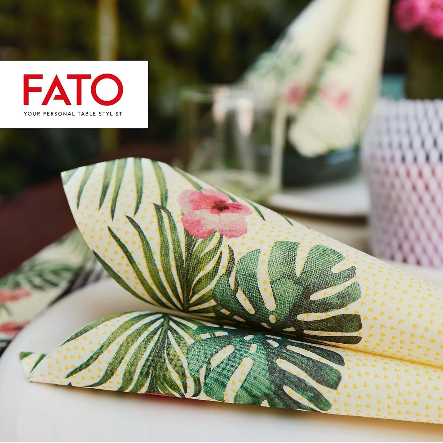 Fato - Serviettes en papier sec, airlaid, effet textile, paquet de 50 serviettes, 40X40 pliées en format 4, Tropicana Decor