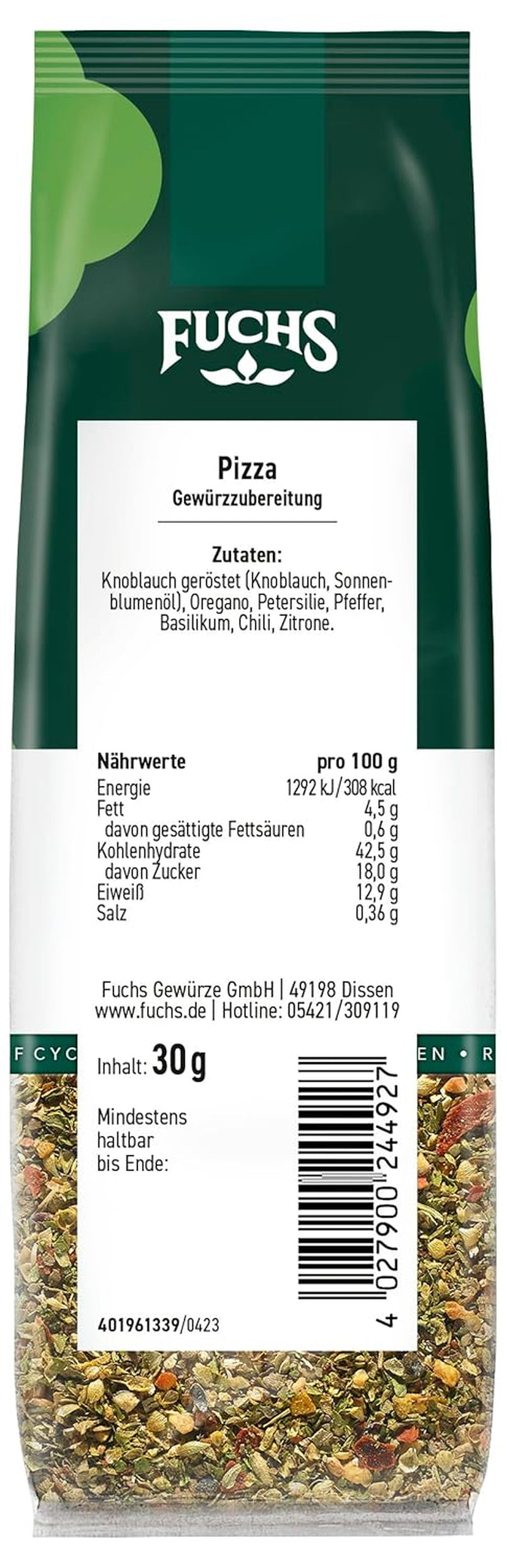 Fuchs Gewürze - Pizza Gewürzzubereitung en Nachfüllbeutel recyclable, Gewürzmischung mit Italianen Kräutern, idéal pour Bruschetta - 30 g