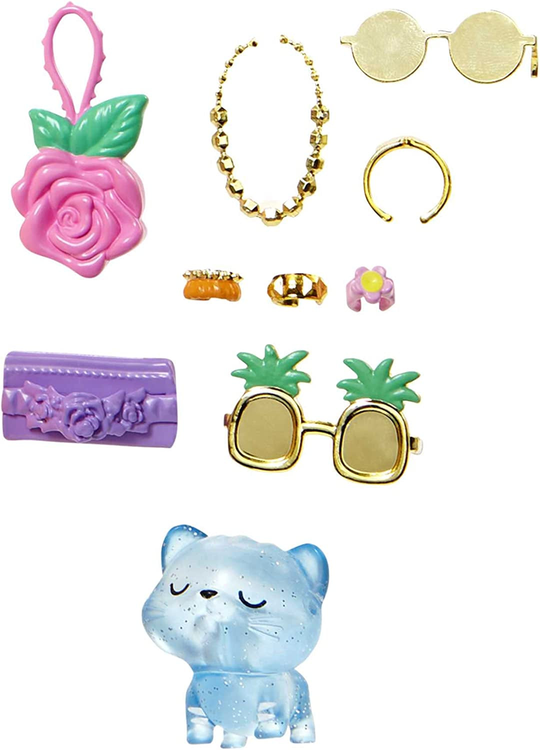 Barbie Extra Fancy, cheveux longs et courbés blond fraise, costume deux pièces, chat bleu, sac rose, lunettes de soleil ananas avec poupée, convient comme cadeau, poupées Hhn14 Naty Shop