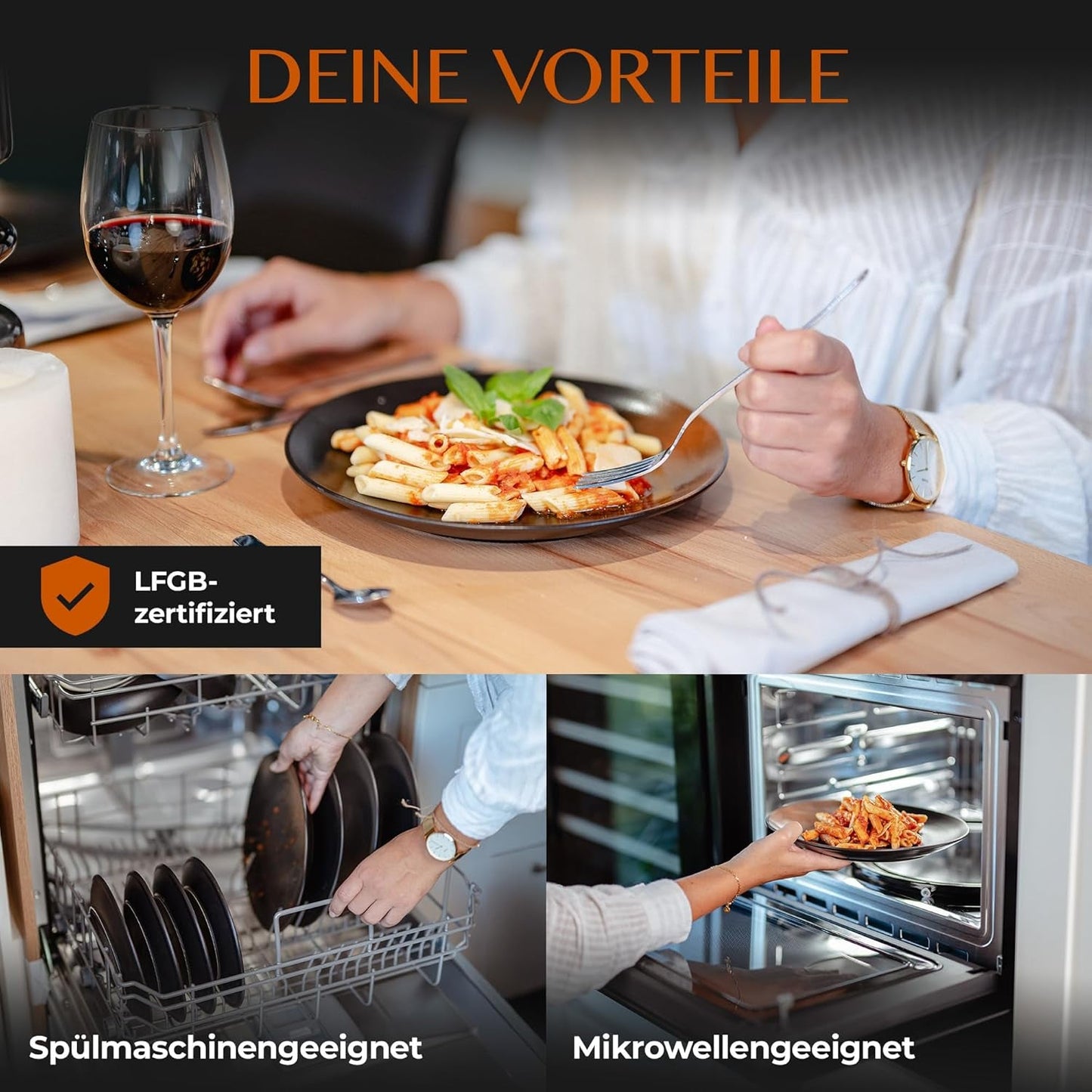 Service de table 12 pièces en grès – Ligne Prairie – Design élégant dans des tons marron/noir, lot de 4 assiettes plates, 4 assiettes à dessert et 4 assiettes plates/Collection Premium