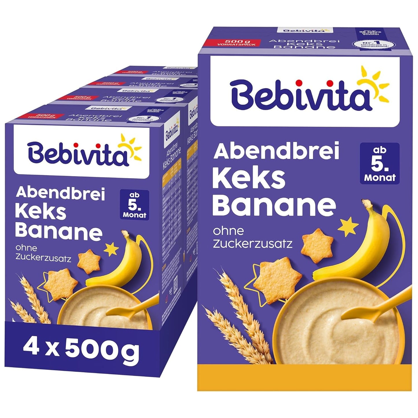Bouillie du soir aux biscuits et bananes (4x500g), bouillie de lait à partir de 5 mois, sans sucre ajouté, avec minéraux et vitamines précieux, très nourrissante