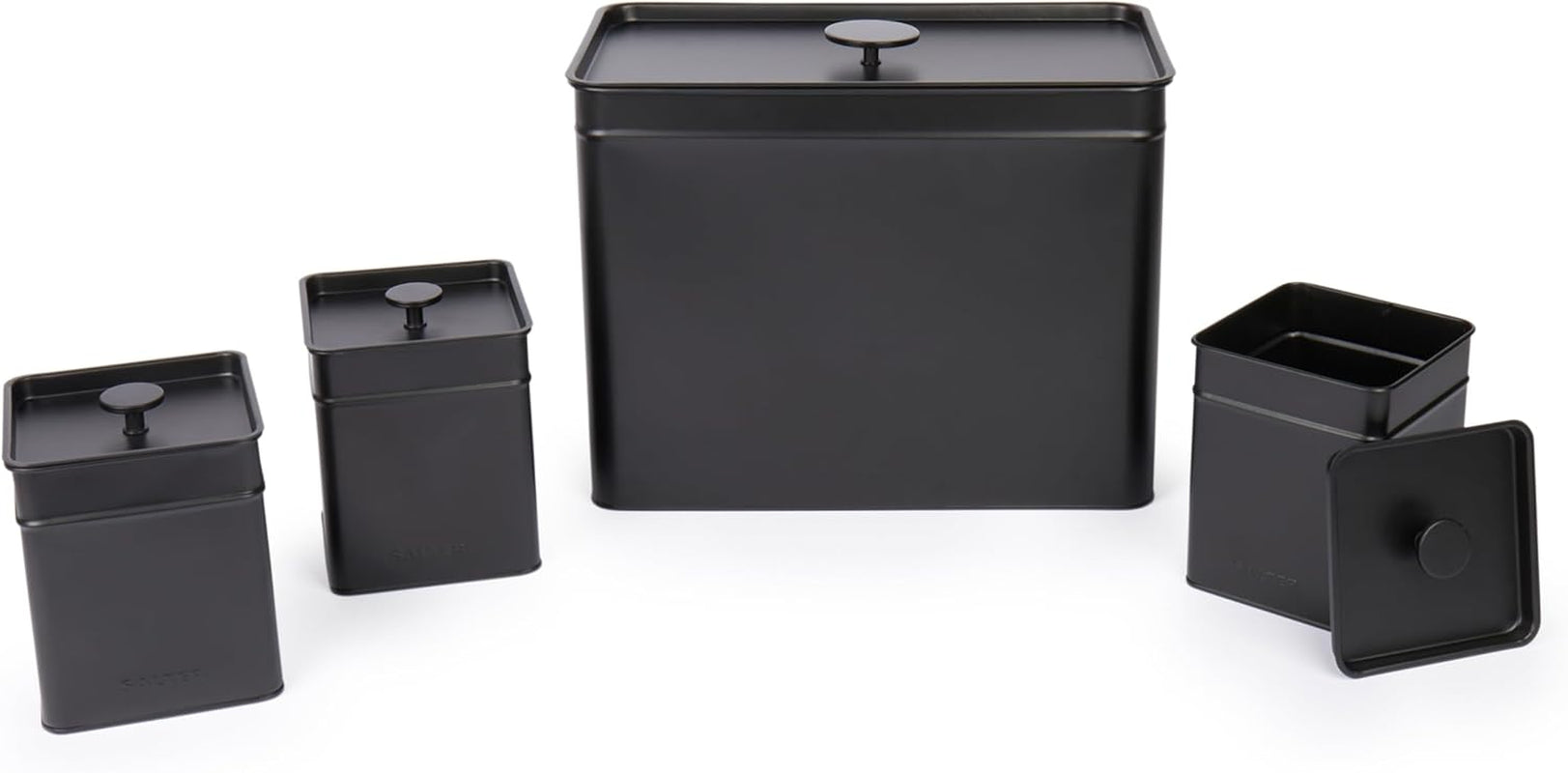 Salter BW12614EU7 Kuro Boîte de Rangement - 4 Récipients de Cuisine Pain/Thé/Café/Sucre Boîtes de Rangement Carrées Facile à Nettoyer Garder Les Aliments Frais Noir Boîtes de Rangement des Aliments Naty Shop