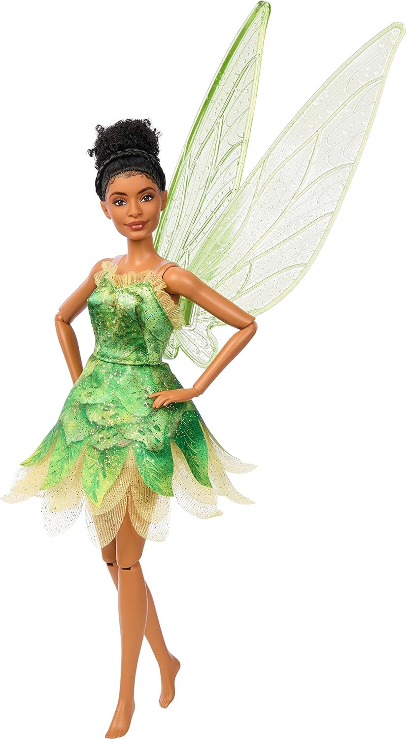 Disney Peter Pan et Wendy Fée Clochette Poupée avec ailes mobiles et robe verte inspirée du film, cadeau pour les enfants pour reconstituer des scènes ou leurs propres aventures HNY37