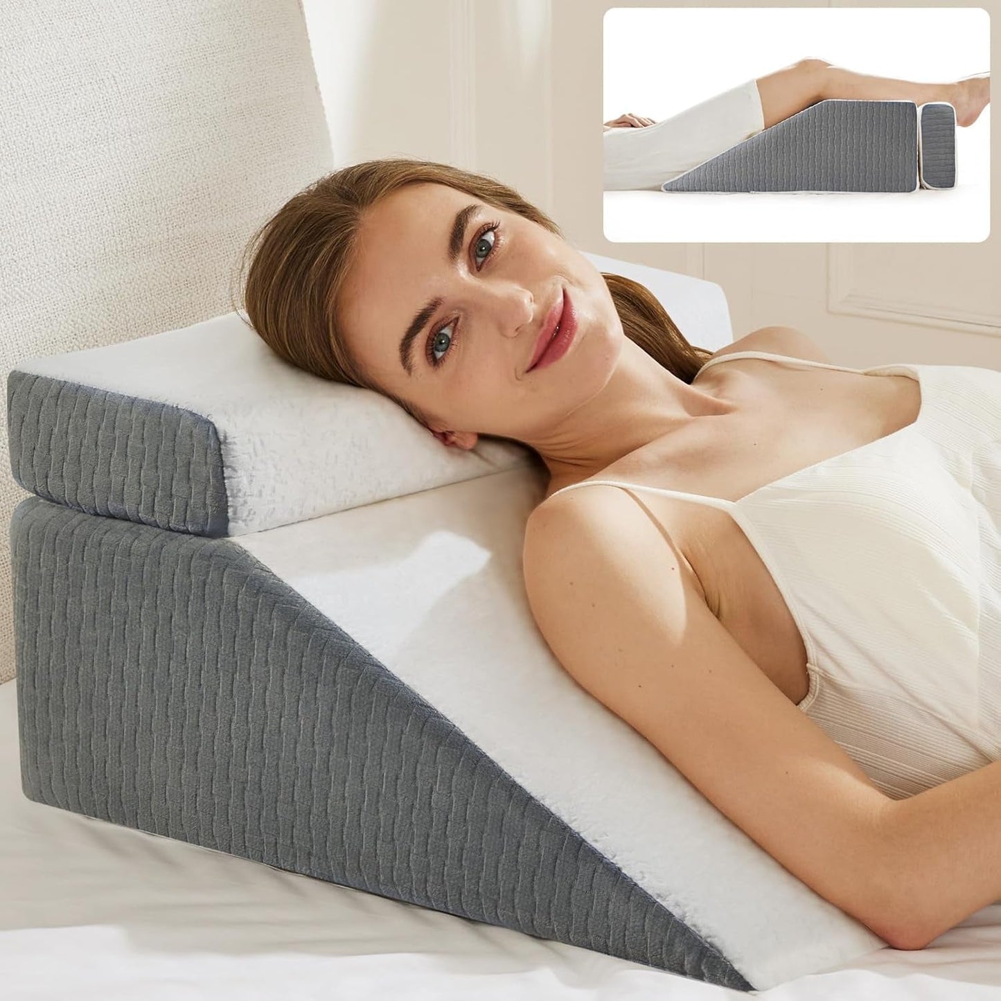 Oreiller de lecture et oreiller élévateur de jambes en plumes, oreiller en mousse à mémoire de forme pour le cou, le dos et les jambes, oreiller amovible multifonctionnel pour lit, canapé, assis, dormir et se reposer, 58x55x28cm