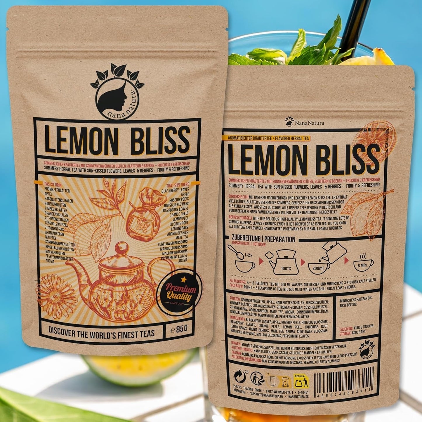 THÉ BLISS AU CITRON Original de Nananatura'S 85G | Tisane d'été fruitée et rafraîchissante | Comme thé froid, thé glacé ou chaud classique | Avec des fleurs, des feuilles et des baies mûries au soleil | Pas de sucre