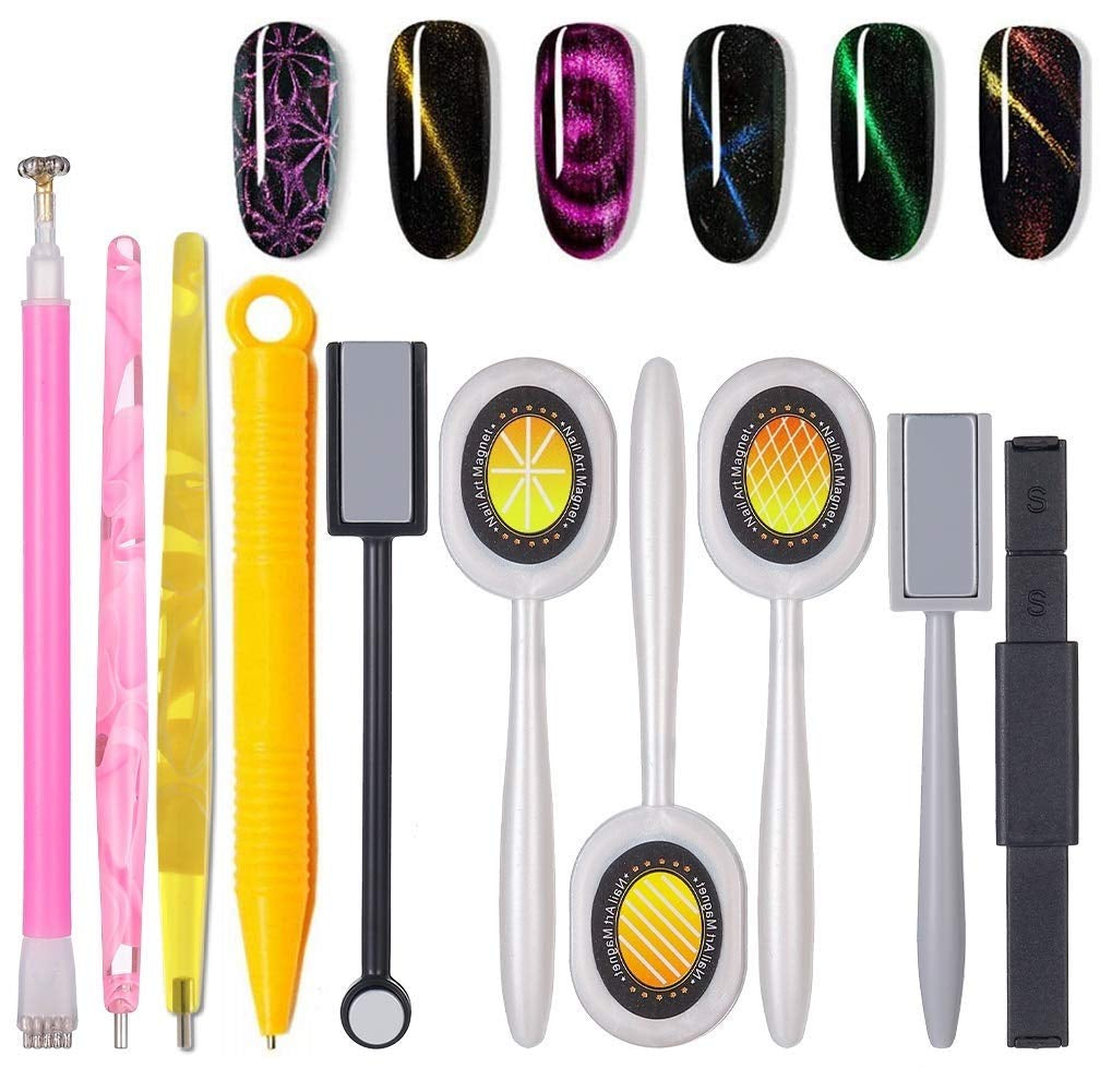 Nail Art Werkzeug Magnetstift, 10 Stück Nagel Magnet Stick Tool Set, Nagel Magnet Stift et Starker Magnet Stock Punktierungsstifte for DIY 3D Magnetics Katzenauge UV Gel Polnisch Nagel Kunst
