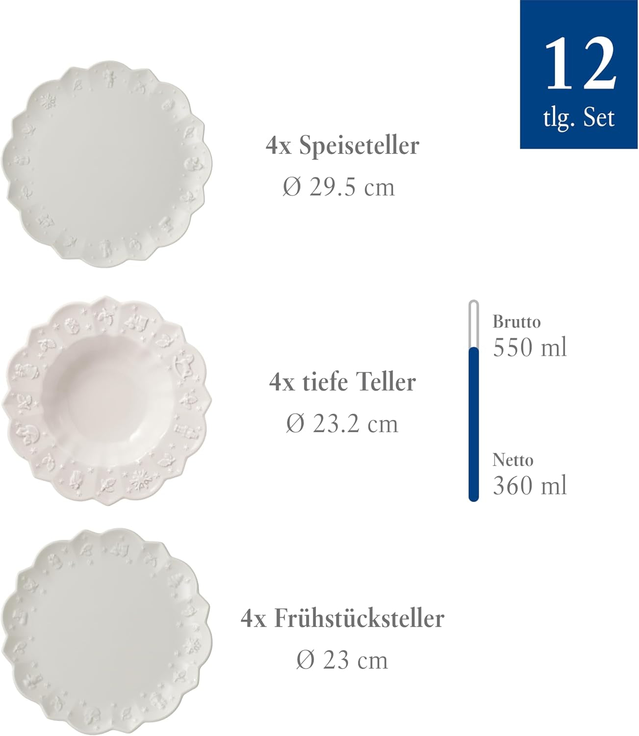 Villeroy & Boch Toy's Delight Royal Classic Service de table 12 pièces, passe au lave-vaisselle et au micro-ondes, blanc, assiettes, service de table pour 4 personnes, vaisselle de Noël, jouets, porcelaine premium