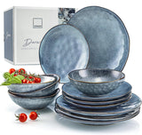 SANGER | Service de table Darwin 12 pièces, service de table en grès pour 4 personnes, service de table bleu comprenant des assiettes plates, des assiettes à dessert et des assiettes creuses, un service de table fait main | LA COLLECTION PREMIUM