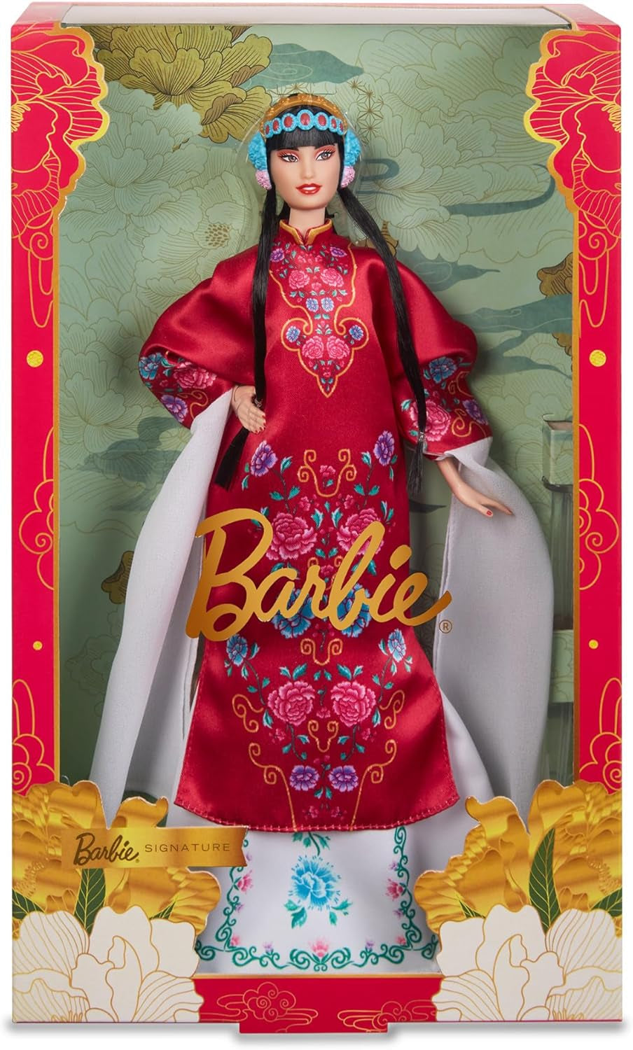 BARBIE Lunar New Year Barbie Puppe - Traditionnelles Kleid in glücksbringendem Rot mit Pfingstrosenmuster, cyanblaue Schuhe mit pinken Troddeln, inspirée de l'Opéra de Pékin, HRM57