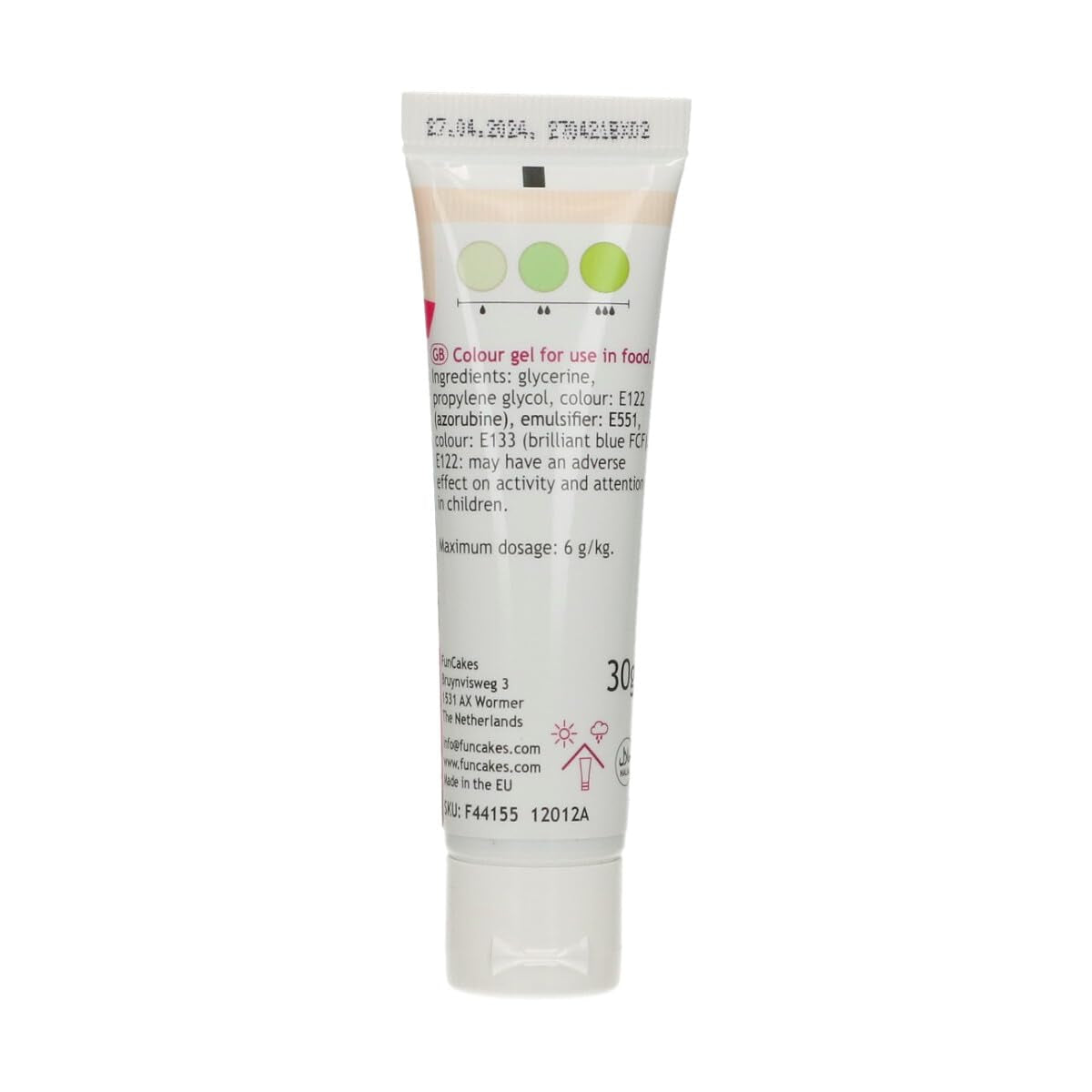 Colorant alimentaire Funcakes Vert Vif, Gel Colorant Alimentaire Hautement Concentré pour Pâte, Crème, Fondant et Massepain. Dosage facile. Une seule goutte pour créer des couleurs vibrantes. Halal. 30g.