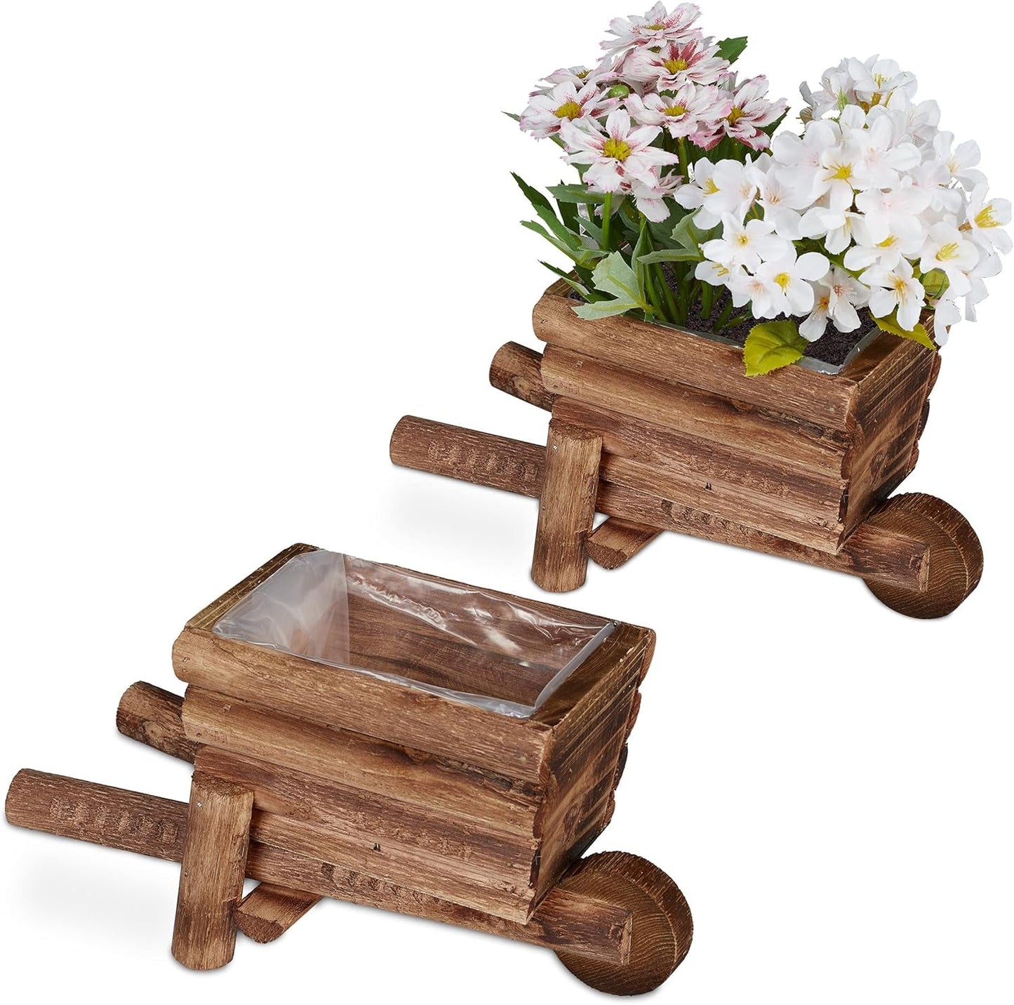 Relaxdays Brouette Jardinière, Lot de 2, Décoration de Jardin, H x L x P : 12,5 x 26 x 12 cm, Chariot à Fleurs pour Planter, Bois, Naturel