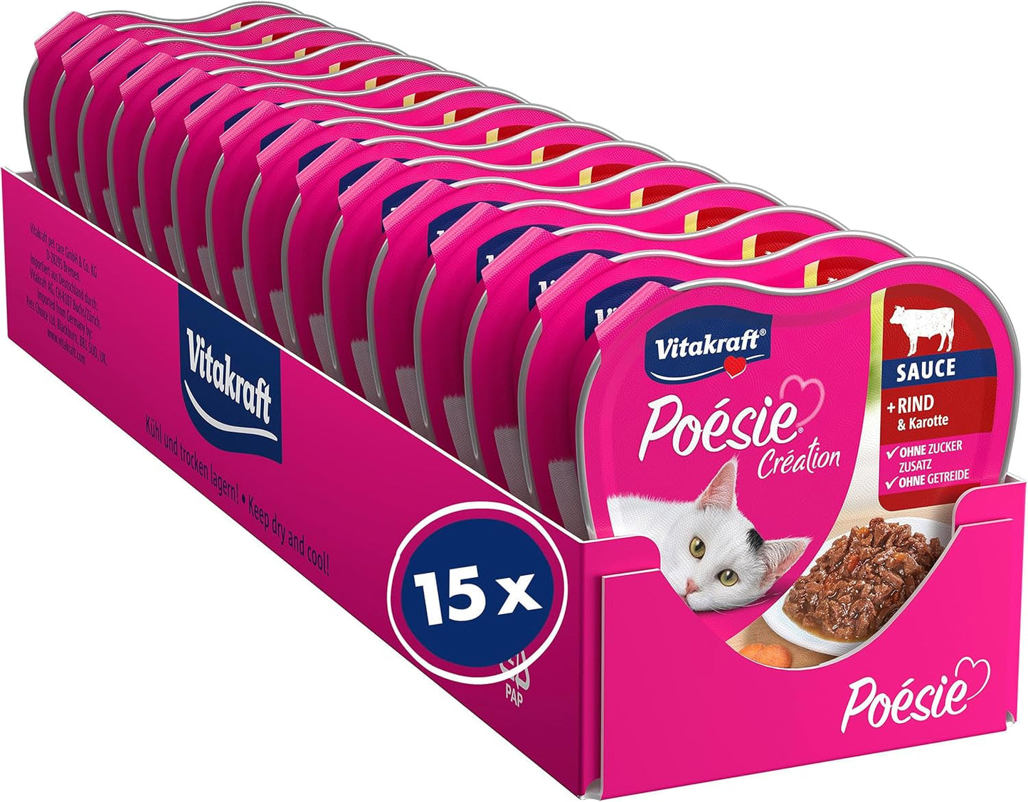 Vitakraft Poésie Création, nourriture humide pour chat, nourriture humide en sauce, au bœuf et à la carotte, en vrac, sans sucre ni céréales ajoutés (15 x 85g)