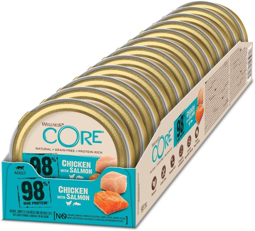 Wellness CORE 98% 12 x 85g, Poulet et Saumon - Nourriture humide pour chats, pâté épais, sans céréales, naturelle, hypoallergénique, riche en protéines, riche en viande