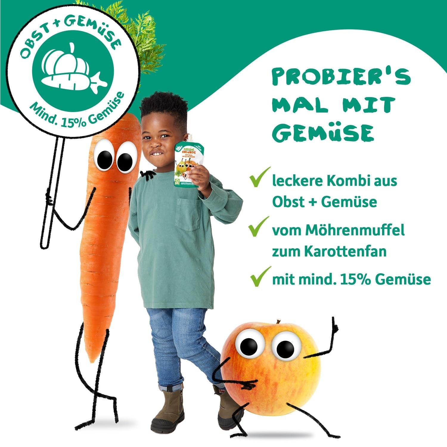 FRECHE FREUNDE Sachet de fruits à presser bio avec pommes, bananes, épinards et concombre, purée de fruits et légumes dans un sachet à presser pour bébés à partir de 6 mois, végétalien, lot de 6 (6 x 100 g)