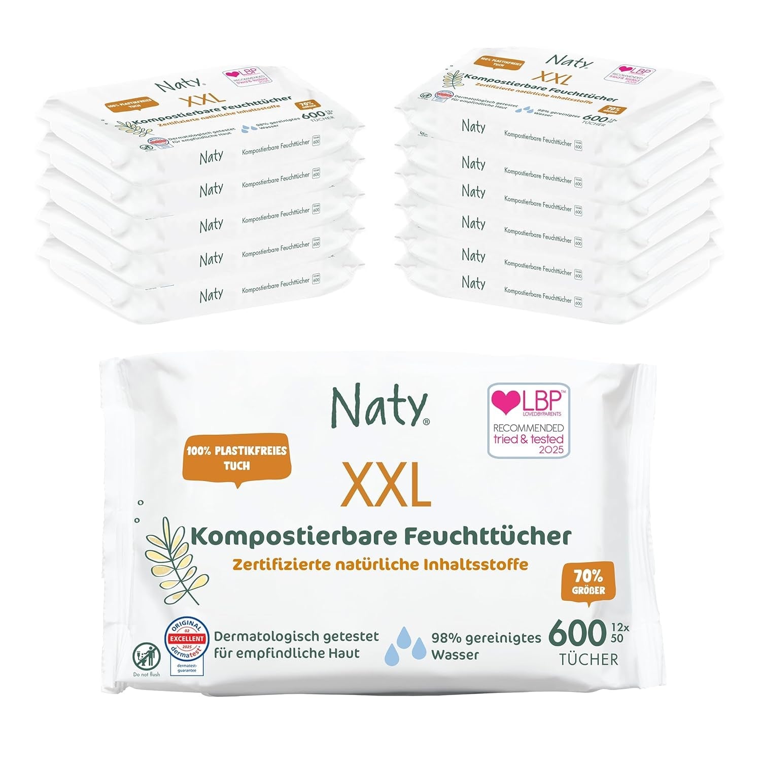 Lingettes Naty pour bébé | 100 % à base de plantes et sans parfum pour les peaux sensibles | Lingettes sans plastique et certifiées compostables avec de l'eau purifiée à 98 % | 672 lingettes (12 paquets)