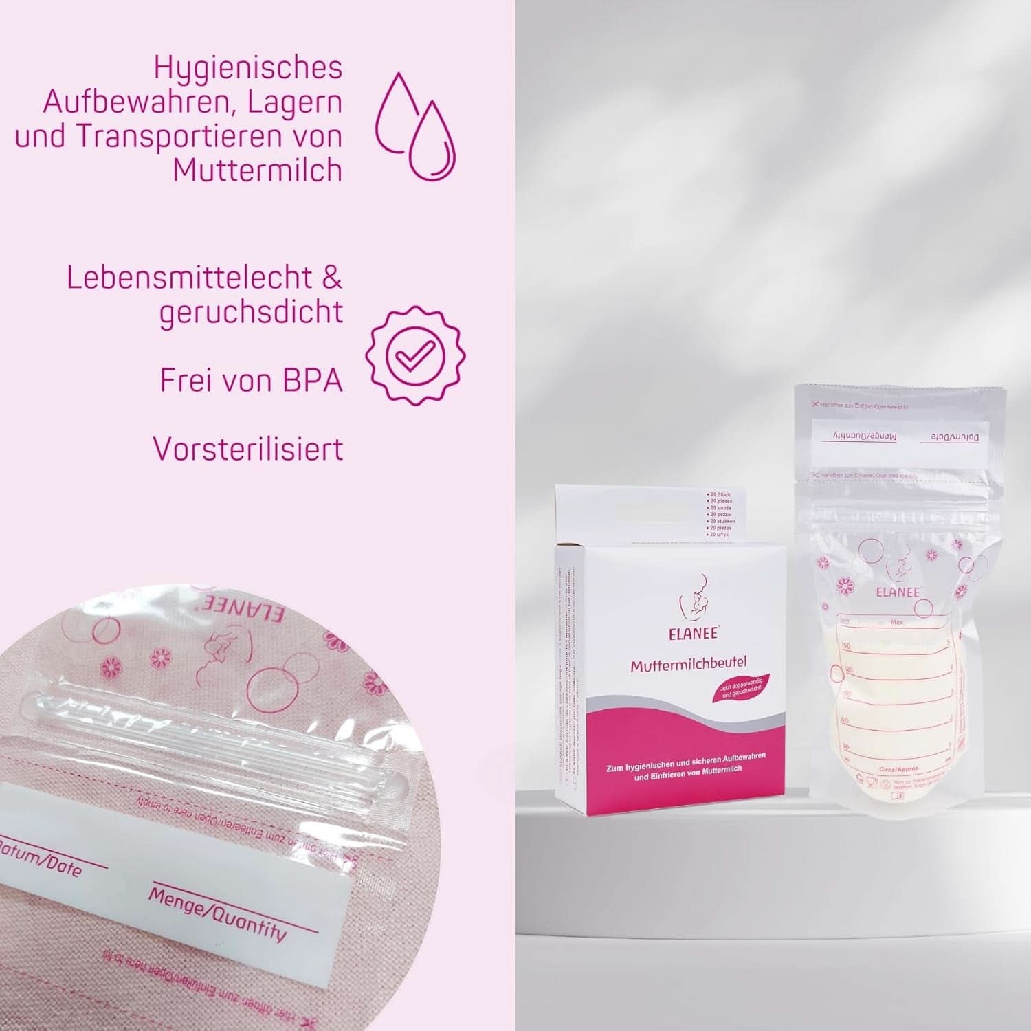 ELANEE Muttermilchbeutel, Aufbewahren & Einfrieren von Muttermilch, Geschmackneutral Und Vorsterilisiert, Doppelter Sicherheitsverschluss, 20 Stück, Mit Standfuß (711-00) Aliments pour bébés et accessoires d'allaitement Naty Shop