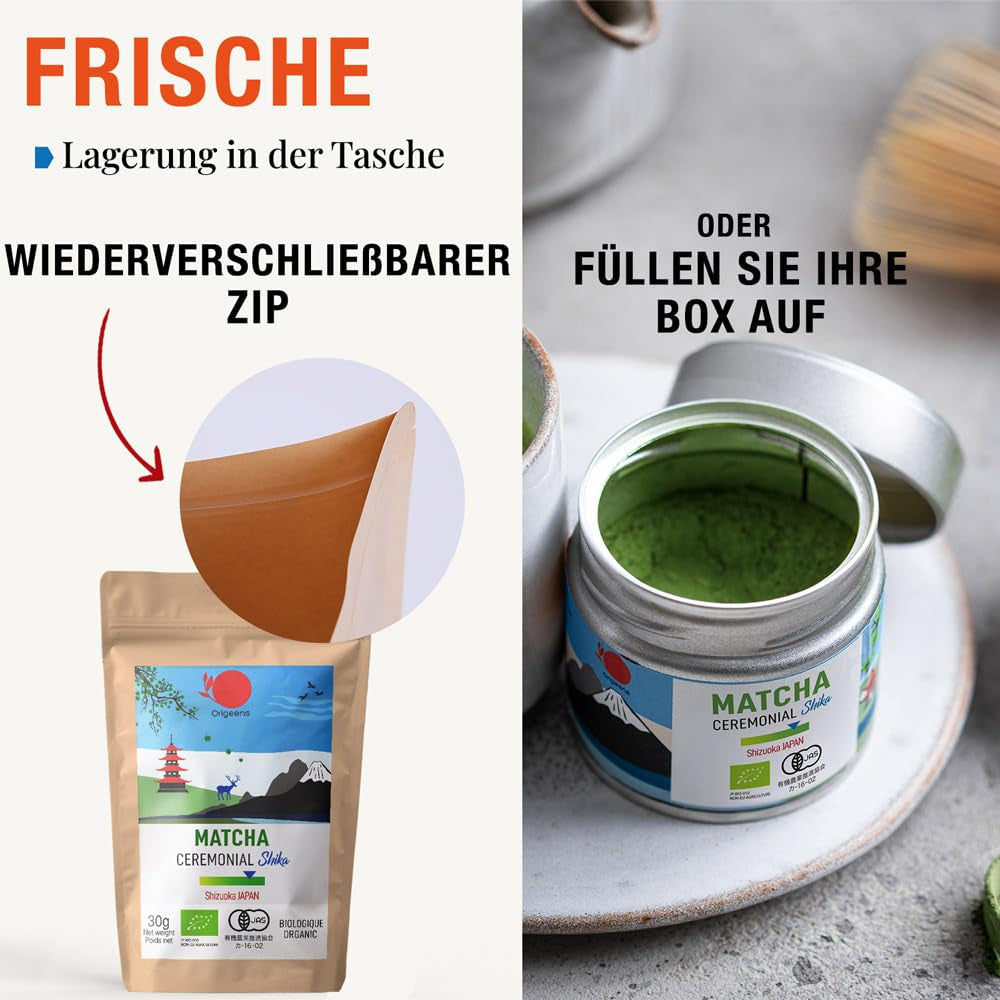 ORIGEENS BIO MATCHA CEREMONIAL GRADE "SHIKA" - Thé japonais biologique de Shizuoka - Matcha Latte/Usucha - Sachet de recharge 30g - Poudre de thé vert Matcha biologique de qualité cérémonielle