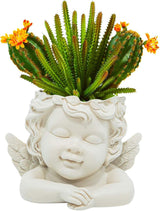 Pot de fleurs monté sur mur et surface plane 20 cm de hauteur Tête d'ange Support mural Support de fleur Vase Visage de poupée Pot en résine Pots de récipient pour plantes de table