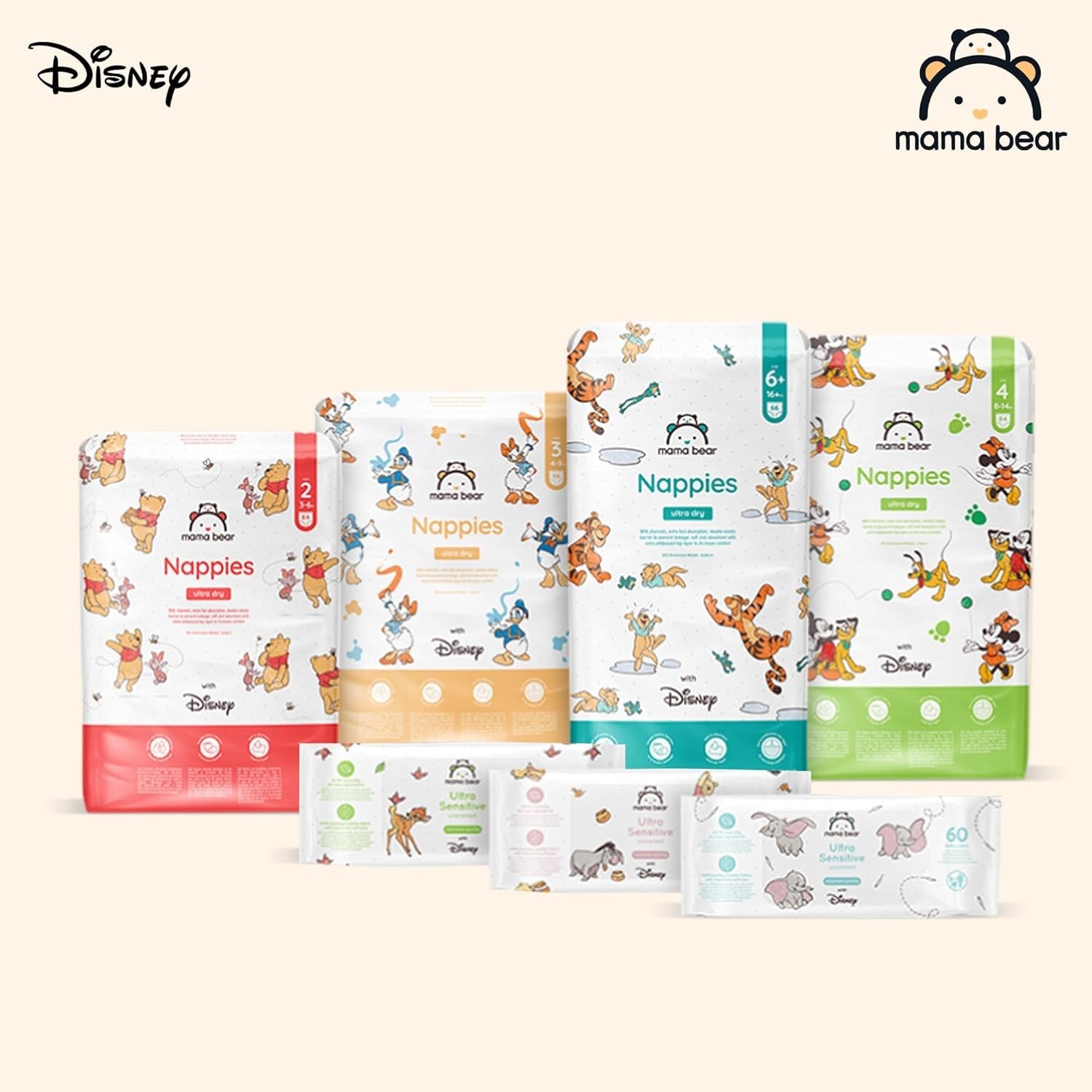 Marque Amazon : Mama Bear Disney Couches Ultra Dry, taille 3 (4-9 kg) – Boîte mensuelle, blanche, 172 pièces (2 paquets de 86)