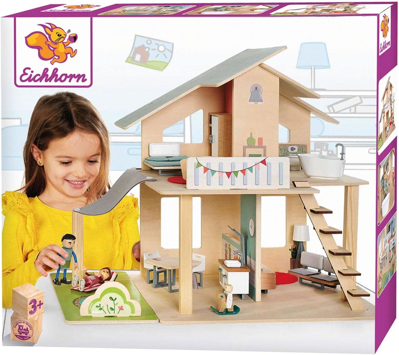 Eichhorn - Maison de poupée avec accessoires - incl. meuble et 3 figurines, non assemblés, en bois, 25 pièces, 53x36x44 cm, à partir de trois ans