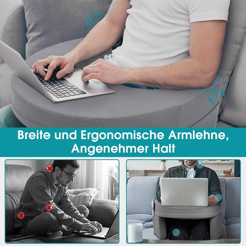 Oreiller de lecture pour lit et canapé, oreiller de jeu, oreiller pour ordinateur portable, oreiller de jeu avec accoudoirs et poche latérale, pour adultes jouant, lisant, regardant la télévision, jouant sur le canapé
