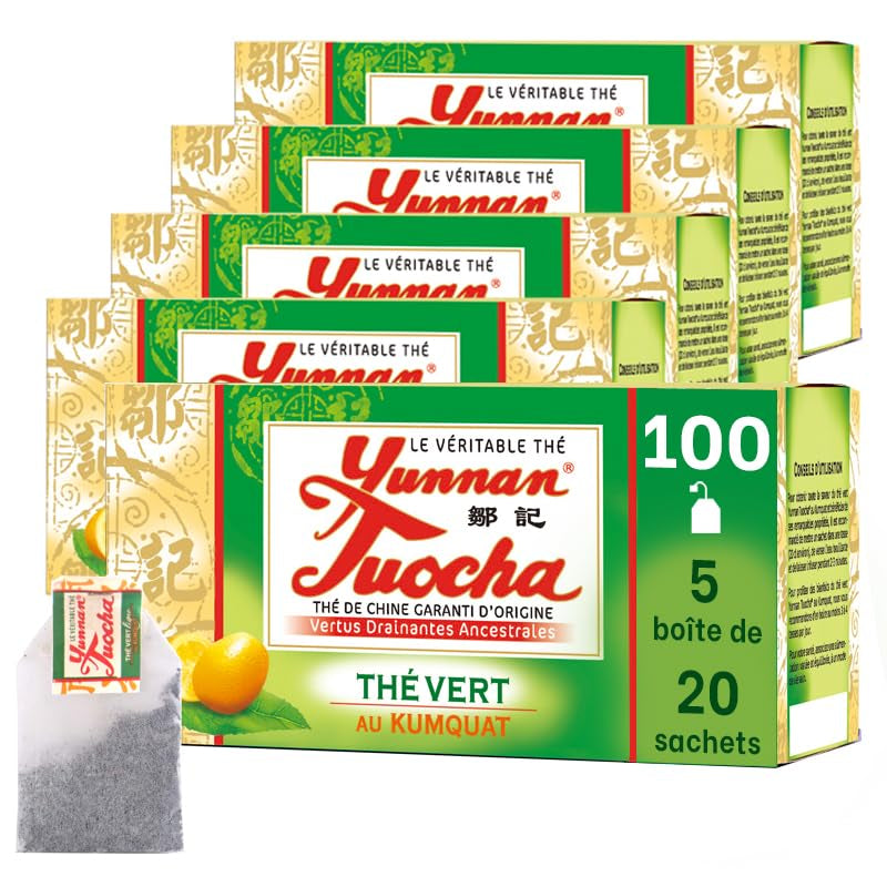 Yunnan Tuocha Zouji - Thé vert bio au kumquat - Vitamine C - 100 sachets de thé - 200 g - Qualité Yunnan garantie