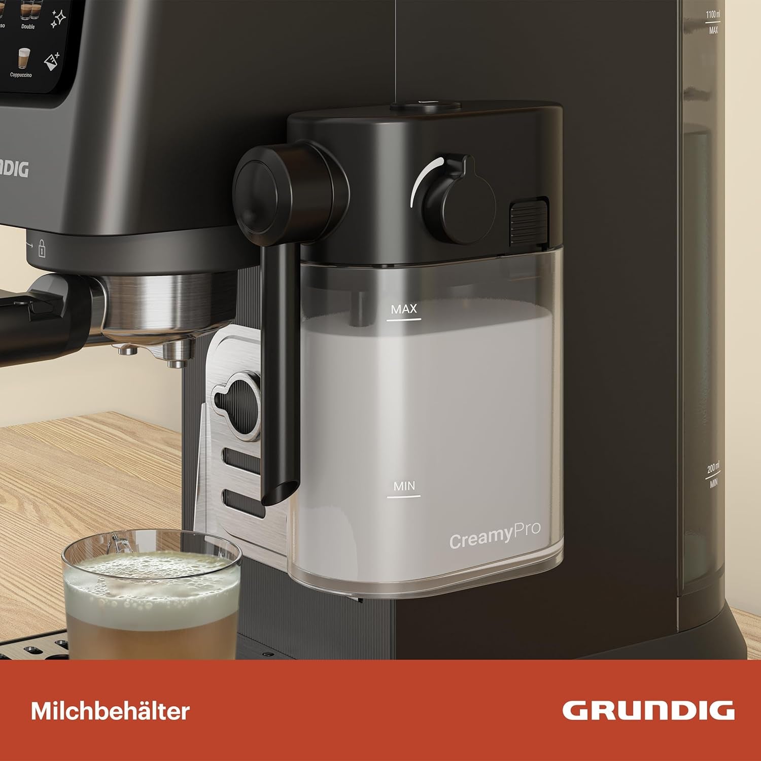 Machine à expresso porte-filtre GRUNDIG KSM 5330 avec réservoir à lait intégré, puissance 1628 W, pression de pompe 15 bar, double buse, écran tactile couleur, BrewSense, CreamyPro, acier inoxydable foncé/noir