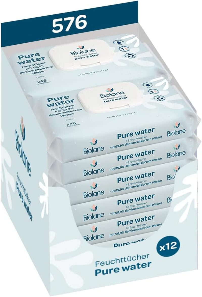 BIOLANE - Lingettes Humides Bébé à 99,9% d'Eau - Eau Pure - Paquet de 12 x 48 (576 Lingettes) - Pour Peaux Sensibles - Dès la Naissance - Sans Parfum - Soin pour le Change et le Nettoyage de Bébé