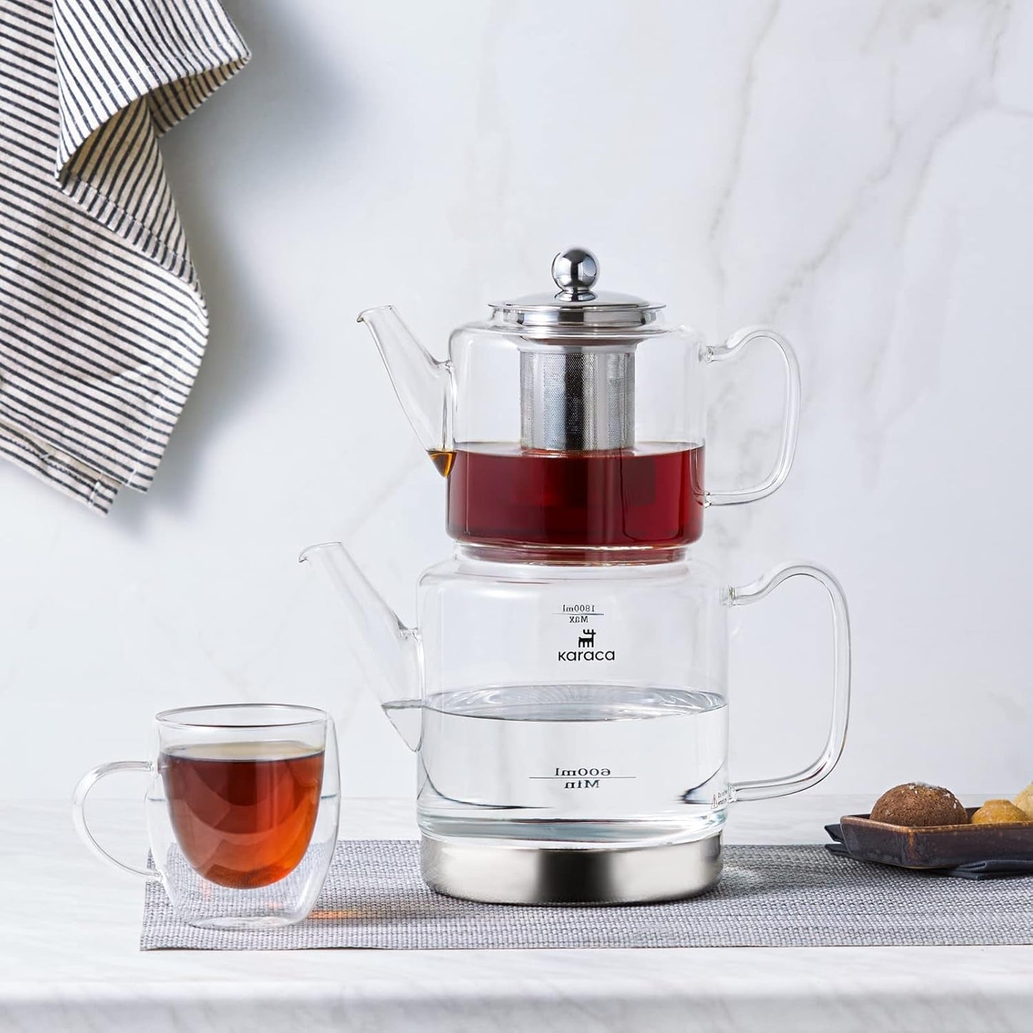 Karaca Dora Bouilloire en verre borosilicate avec infuseur à thé en acier inoxydable, bouilloire 2 L et bouilloire en verre 1 L avec infuseur, bouilloire turque, Caydanlik, machine à tisane turque, thé en vrac, XL