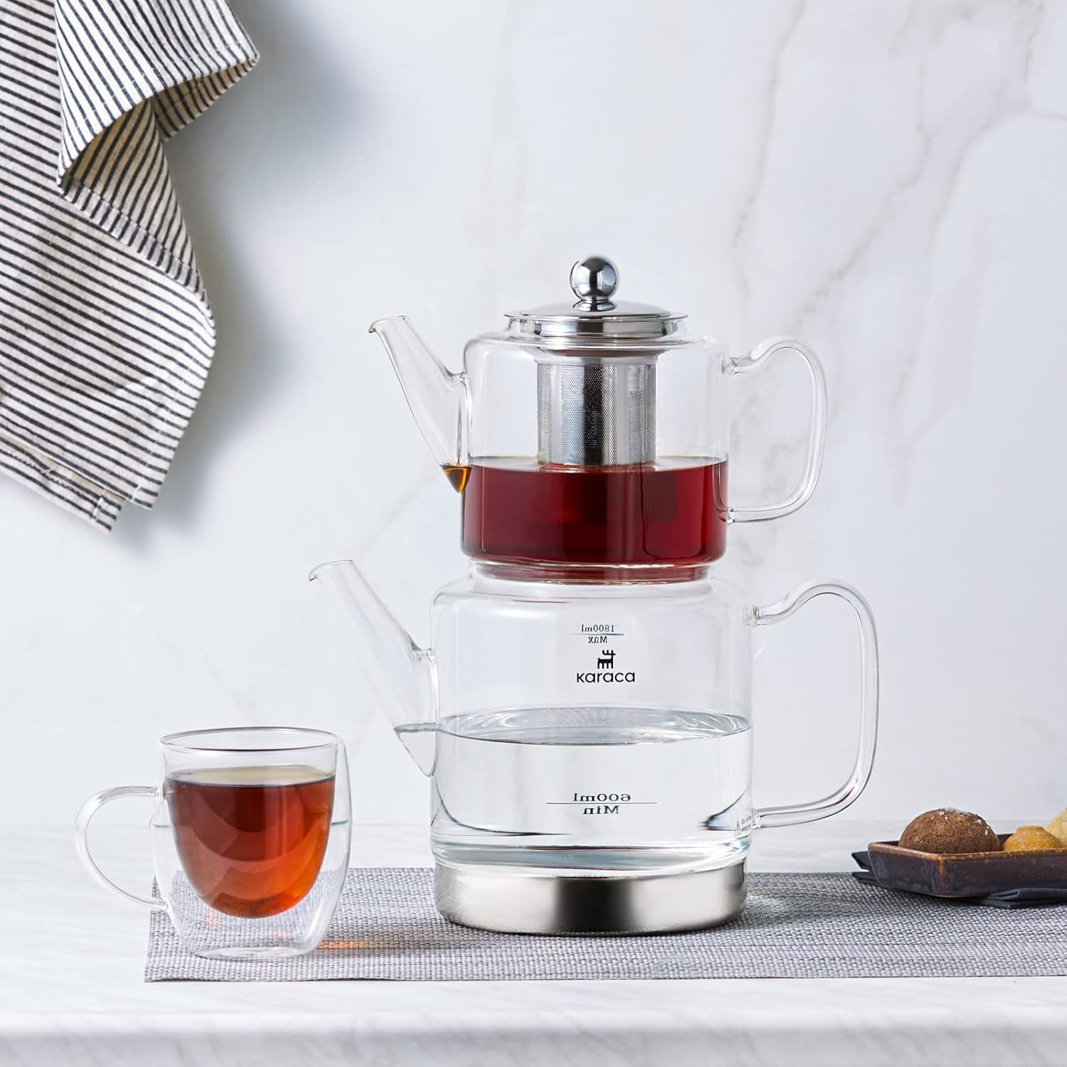 Karaca Dora Bouilloire en verre borosilicate avec infuseur à thé en acier inoxydable, bouilloire 2 L et bouilloire en verre 1 L avec infuseur, bouilloire turque, Caydanlik, machine à tisane turque, thé en vrac, XL
