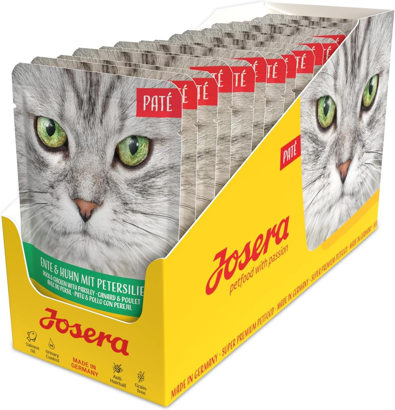 JOSERA Pâté de canard et poulet au persil (16 x 85 g) | Adulte | Nourriture humide premium pour chats adultes | Pâté de canard et poulet | Huile de saumon | Pas de céréales | Nourriture humide pour chats en sachets frais | Paquet de 16