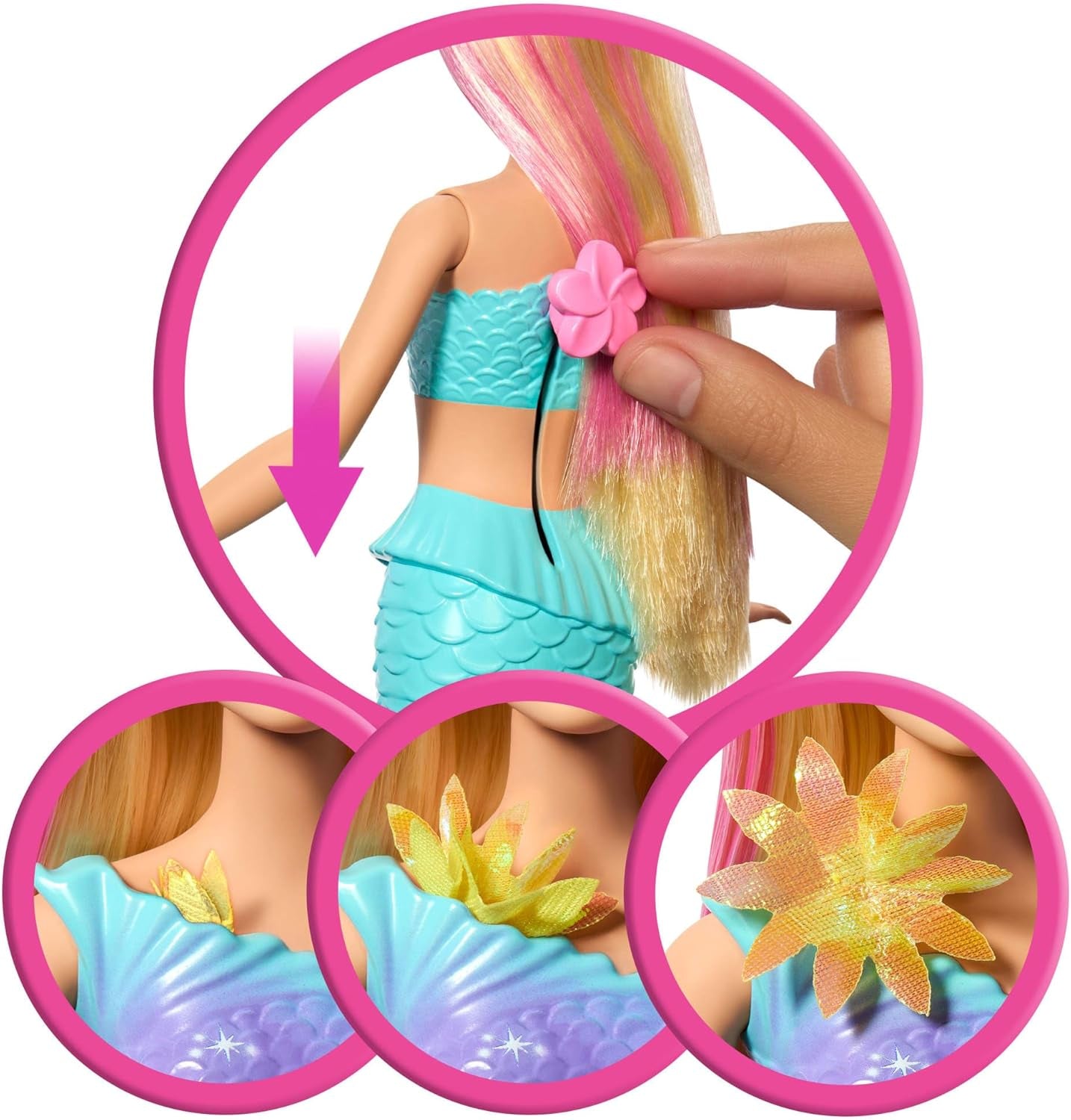 Barbie Meerjungfrauen-Spielzeug Puppe mit magischer Überraschungs Blüte, Schwanzflosse mit Farbverlauf, perlesnbesetzten Hair et long blonden Hair mit rosa Strehchen, JDM72