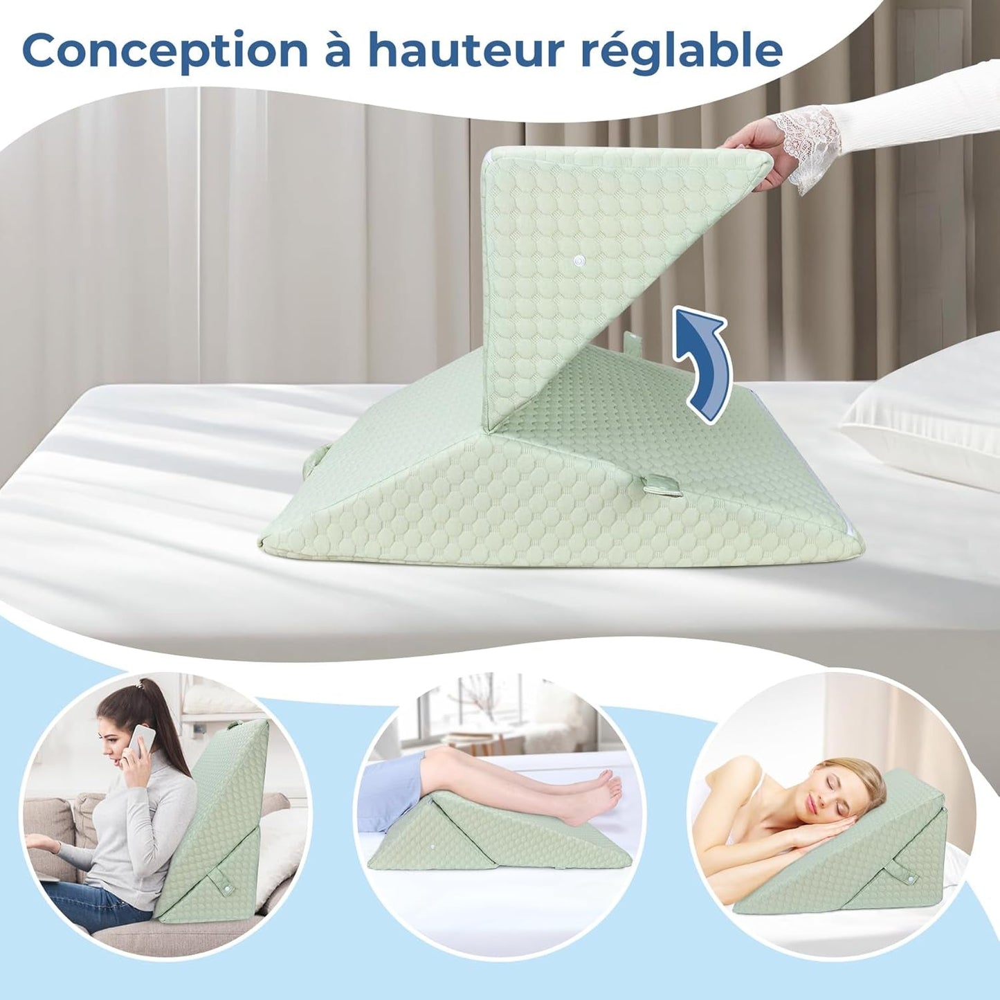 INFANZIA Oreiller compensé pour lit, oreiller d'angle, oreiller triangulaire, pliable, mousse à mémoire de forme, apnée du sommeil, reflux acide, élévation des jambes, lecture, vert