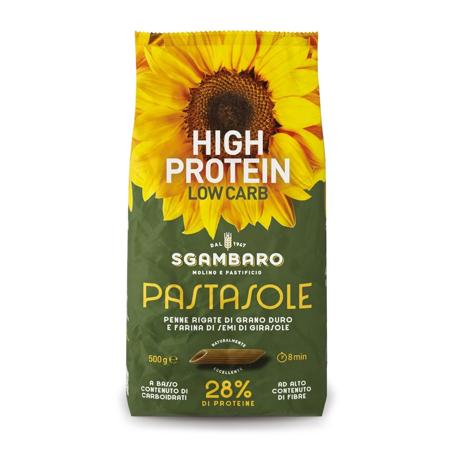 PASTASOLE , Penne Rigate mit Hartweizengrieß aus 100% italienischem Anbau und Sonnenblumenkernmehl - 500g - Riche en protéines, faible en glucides, haut ballaststoffgehalt