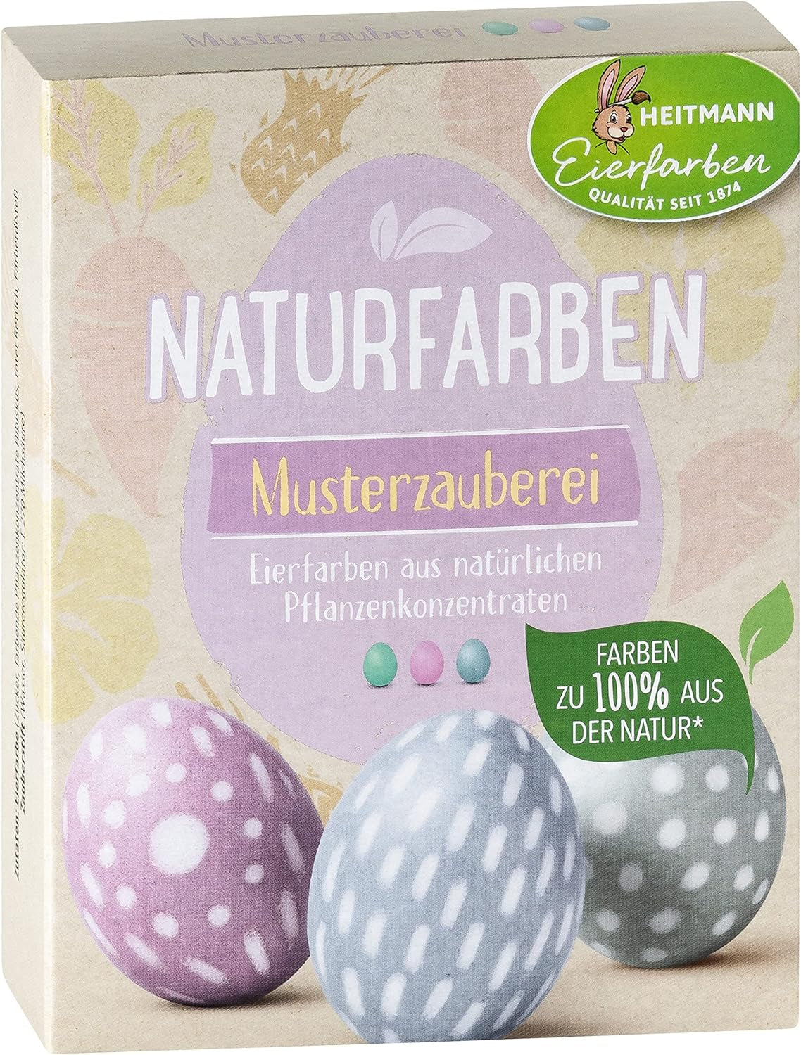 Heitmann Egg Dye Set de teinture naturelle, 3 poudres de teinture aux œufs (jaune, violet, gris-bleu), feuille d'autocollants en papier d'herbe