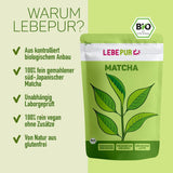 Lebepur BIO Matcha Poudre 100G - Qualité Premium du Japon Sans Additifs - Poudre de Thé Vert 100% Pure pour Matcha Latte, Thé Matcha, Thé Vert, Smoothie - Thé Vert Japonais