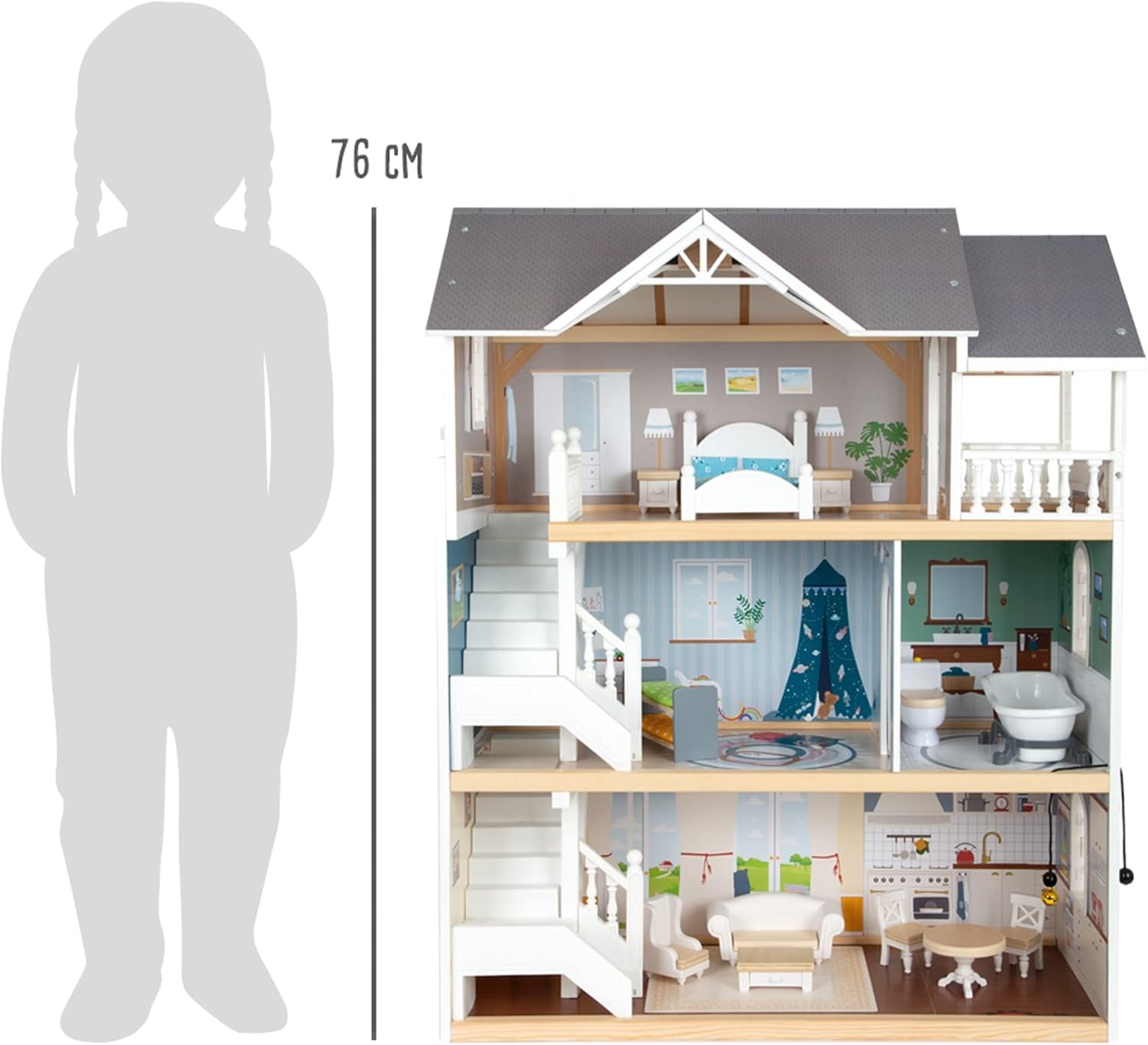 Small Foot Maison de poupée Maison de ville en bois à 3 étages avec façade ouverte et 12 meubles pour 3 ans et plus 11802 Maisons de poupée gris blanc Naty Shop