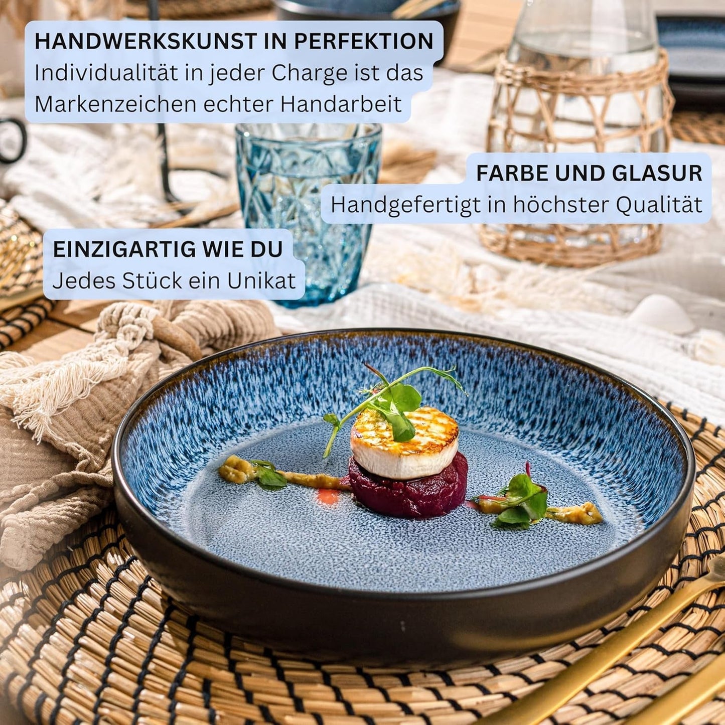 SÄNGER Aruba | Service de table en grès pour 6 personnes, 6 assiettes plates, 6 assiettes petit-déjeuner, 6 assiettes plates, 6 bols à pâtes, bleu avec bord noir | LA COLLECTION VALEUR