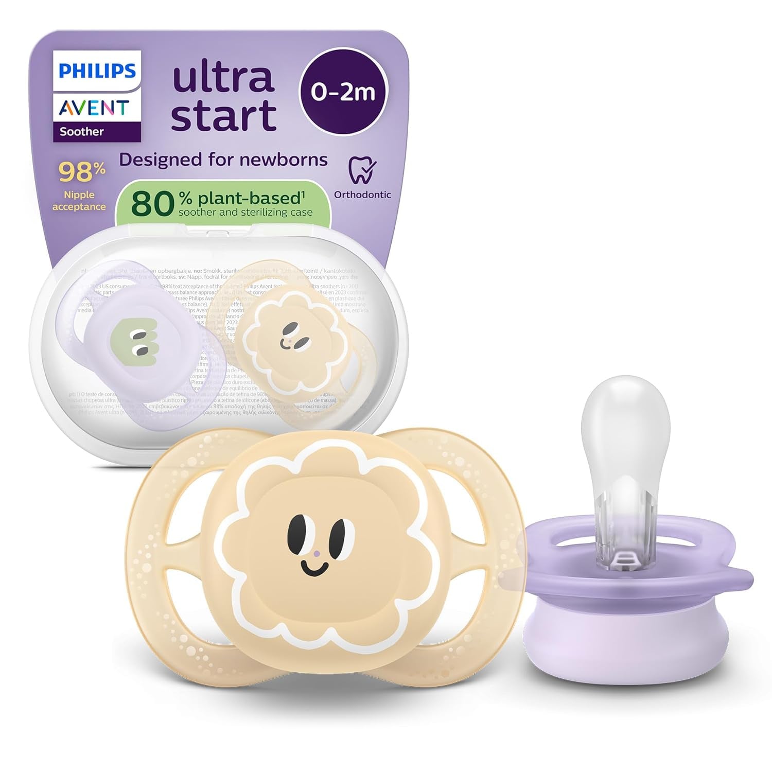 Philips AVENT Ultra Start Night Sucette, Sucette orthodontique pour nouveau-nés, Brille dans le noir, Sans BPA, avec récipient de stérilisation, Lot de 2, Lune, Étoile, SCF075/07