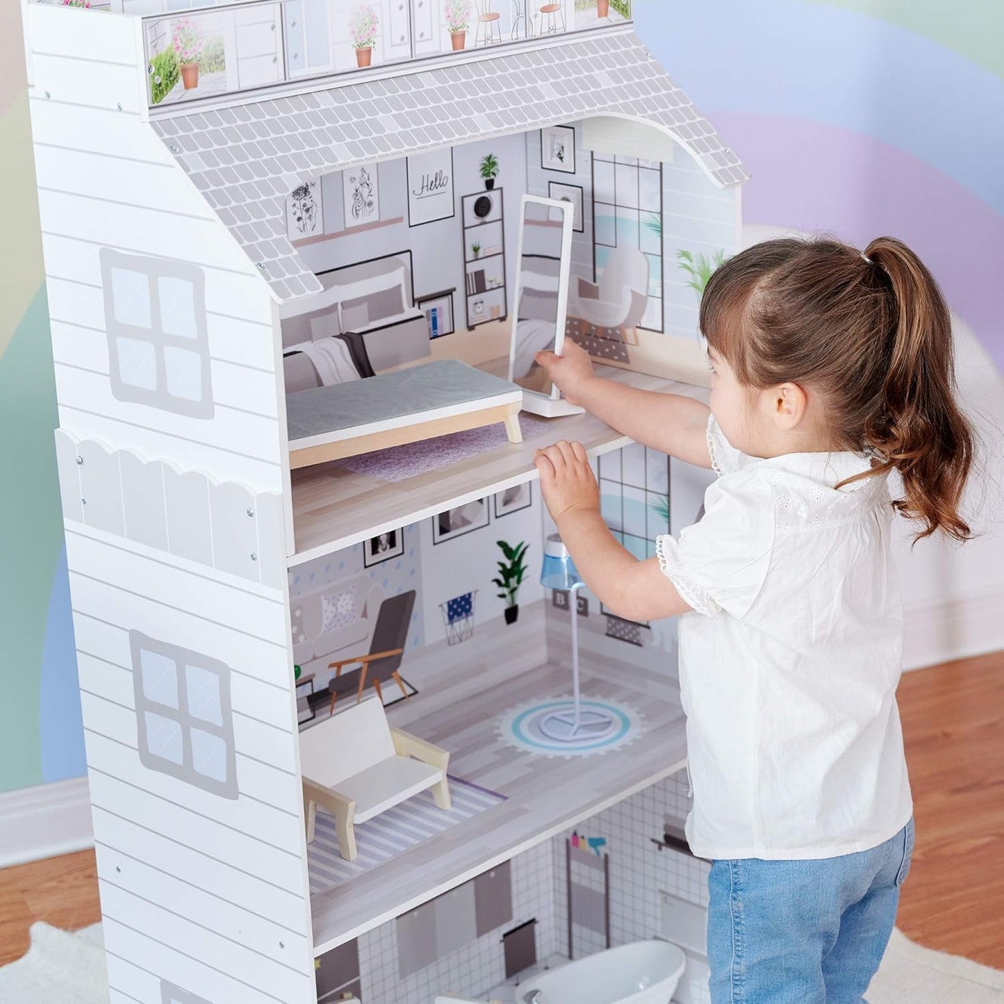 Teamson Kids Olivia's Little World Maison de poupée géante avec meubles et accessoires, maison de poupée en bois, ensemble de jeu à 3 niveaux pour poupées de 30 cm, à partir de 3 ans