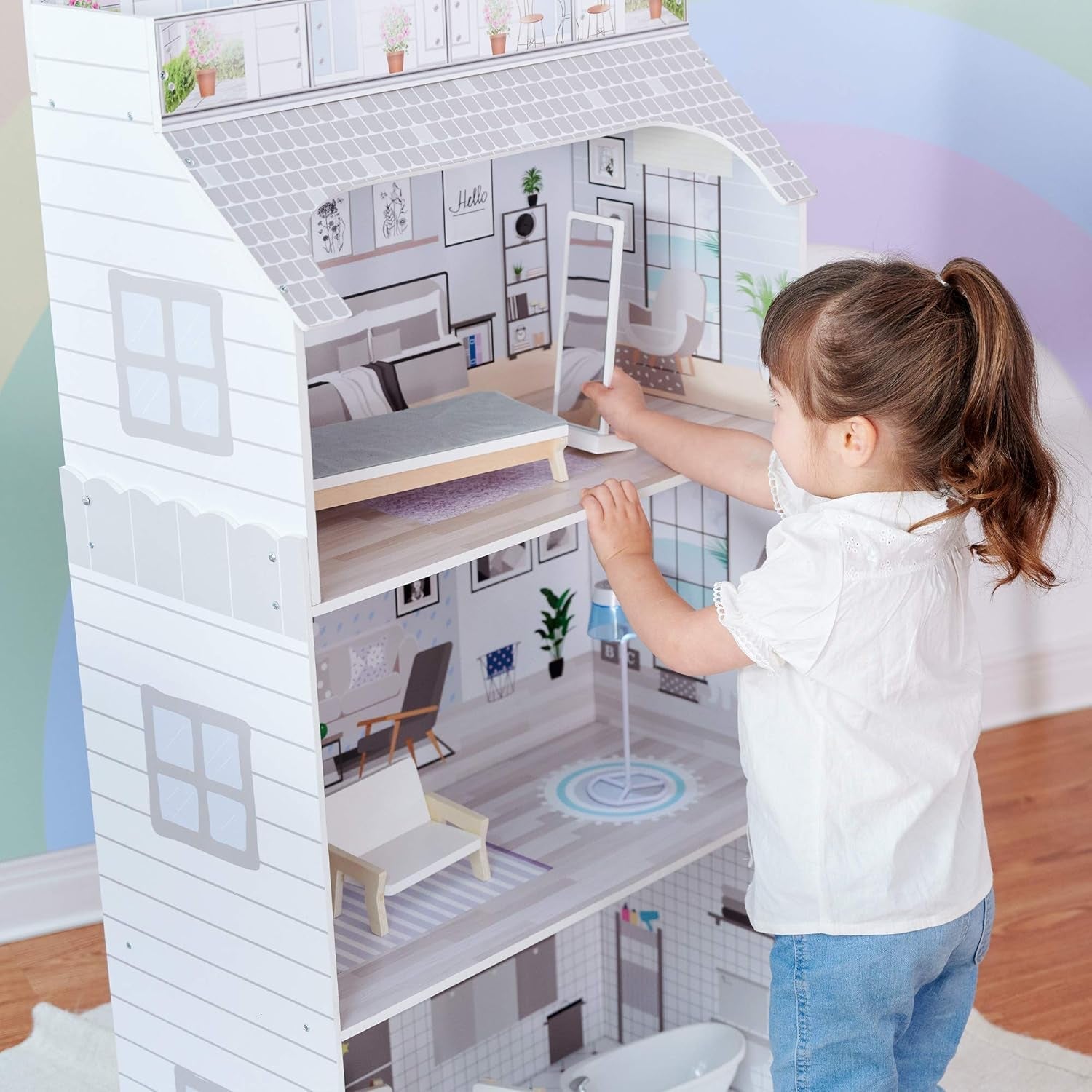 Teamson Kids Olivia's Little World Maison de poupée géante avec meubles et accessoires, maison de poupée en bois, ensemble de jeu à 3 niveaux pour poupées de 30 cm, à partir de 3 ans